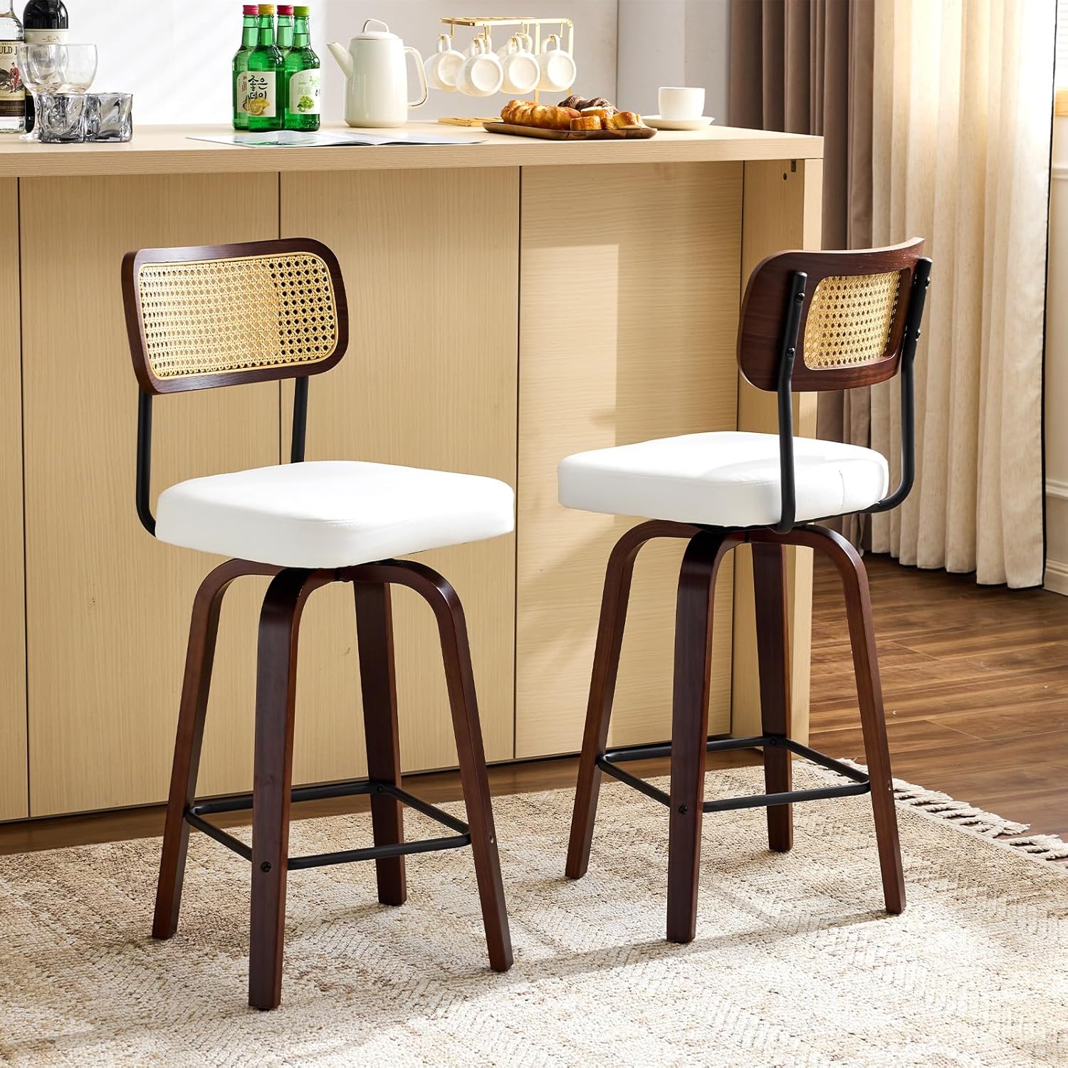VINGLI Modern Bar Stool 26" H, PU Leather with Rattan Back, 360° Swivel, Solid Wood Legs Barstools for Kitchen Island & Home Bar, White 2 Pack