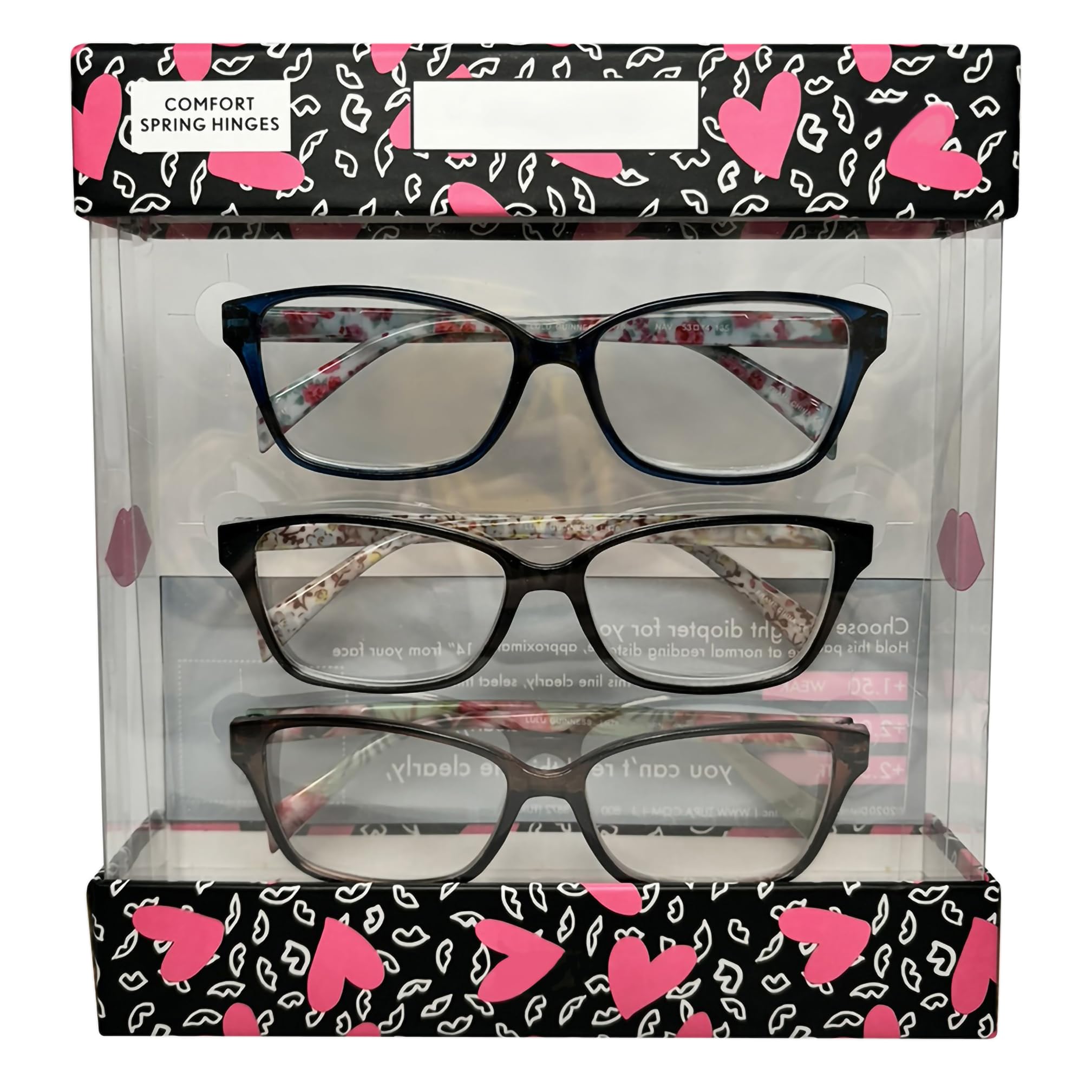 Calabria Lulu Reading Glasses +1.50 Black,Navy Blue,Brown Crystal Floral 3 Pack Gift Box Set Women Readers Trendy Eyeglasses