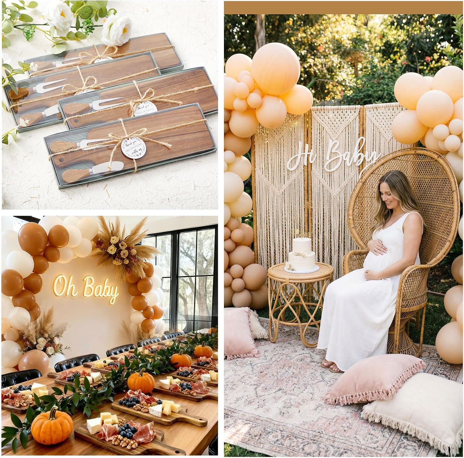 6 Sets Bridal Baby Shower Prizes Cheese Square Wooden Board Gift Set Knives Forks Thank You Tags with Box for Guests for Bridal Baby Shower Wedding Housewarming (Acacia Color)