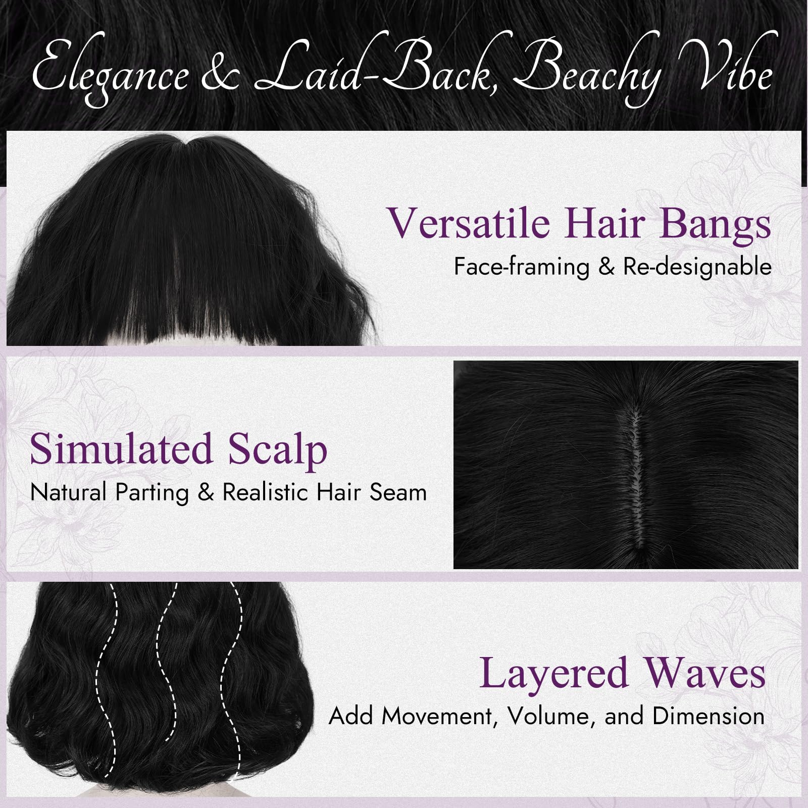 BARSDAR Short Wavy Black Wig with Bangs, Short Black Bob Wigs for Women - Image 3