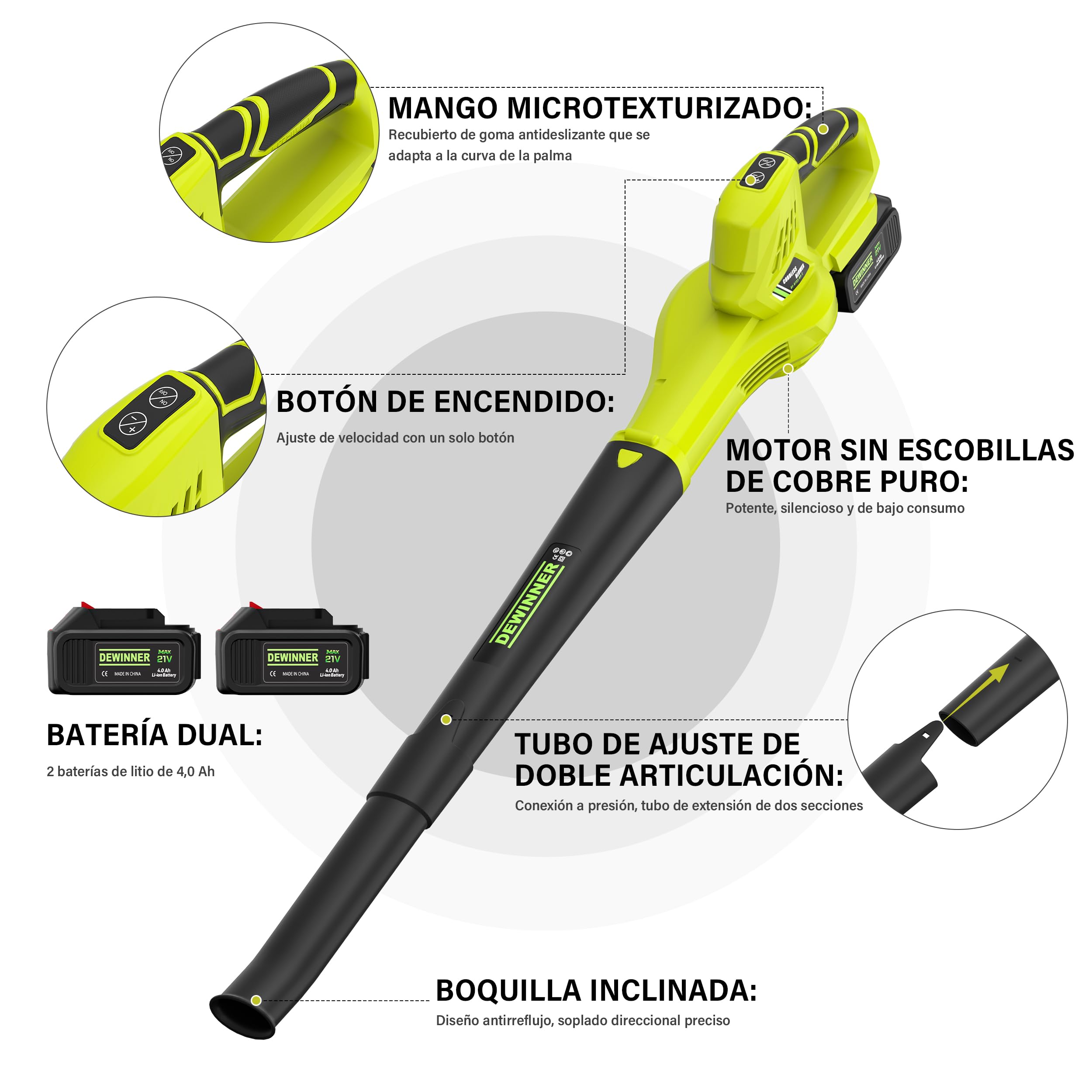 DEWINNER Soplador de Hojas Inalámbrico, 2x4,0Ah Baterías, 210 km/h | 6 Velocidades Ajustables, 2 Tubos Desmontables, Kit Completo, Profesional para Jardín, Compatible con Baterías Makita, Verde