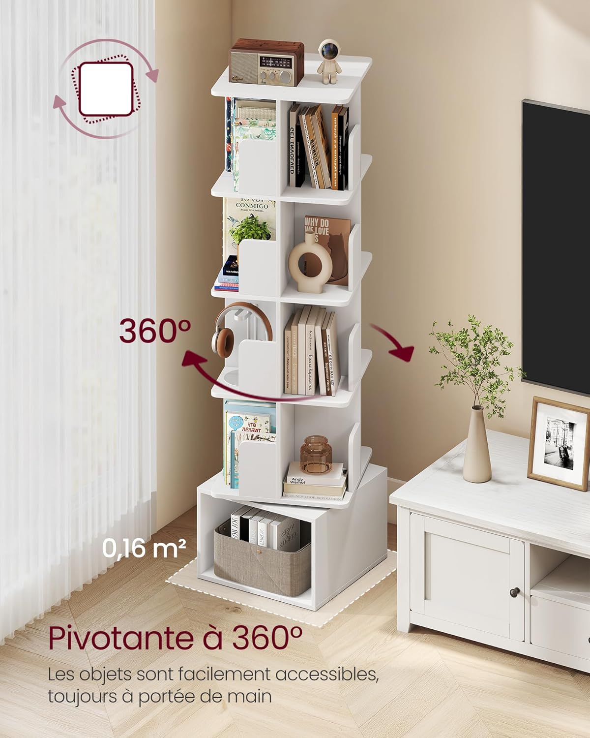 The 5-tier rotating bookshelf shown swiveling 360 degrees, highlighting its accessibility from all sides.