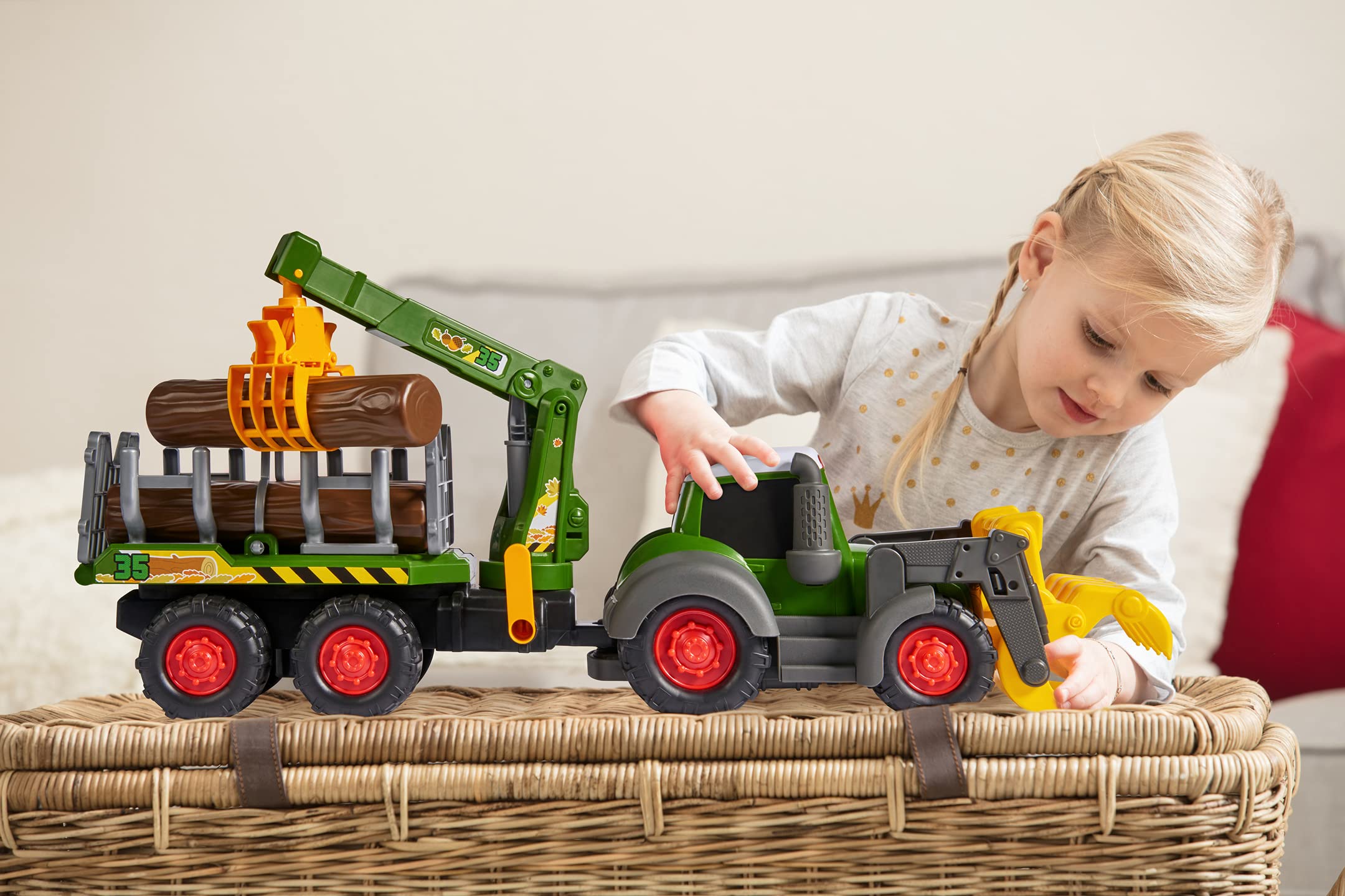 Dickie Toys ABC - Tractor Forestal de Juguete 65cm Fendt con Remolque, Brazo articulado con función de Pinza Manual, Pala móvil, luz y Sonido, Adecuado para niños a Partir de 1 año (204119001)