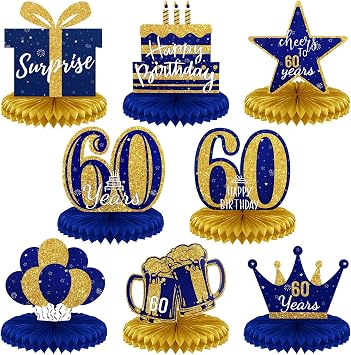 Spakon 8 Piece Blue Gold 60th Birthday Table Decorations 60th Birthday Honeycomb Centerpieces Glitter Table Toppers Blue Gold Party Decorations for Men and Women Party Supplies