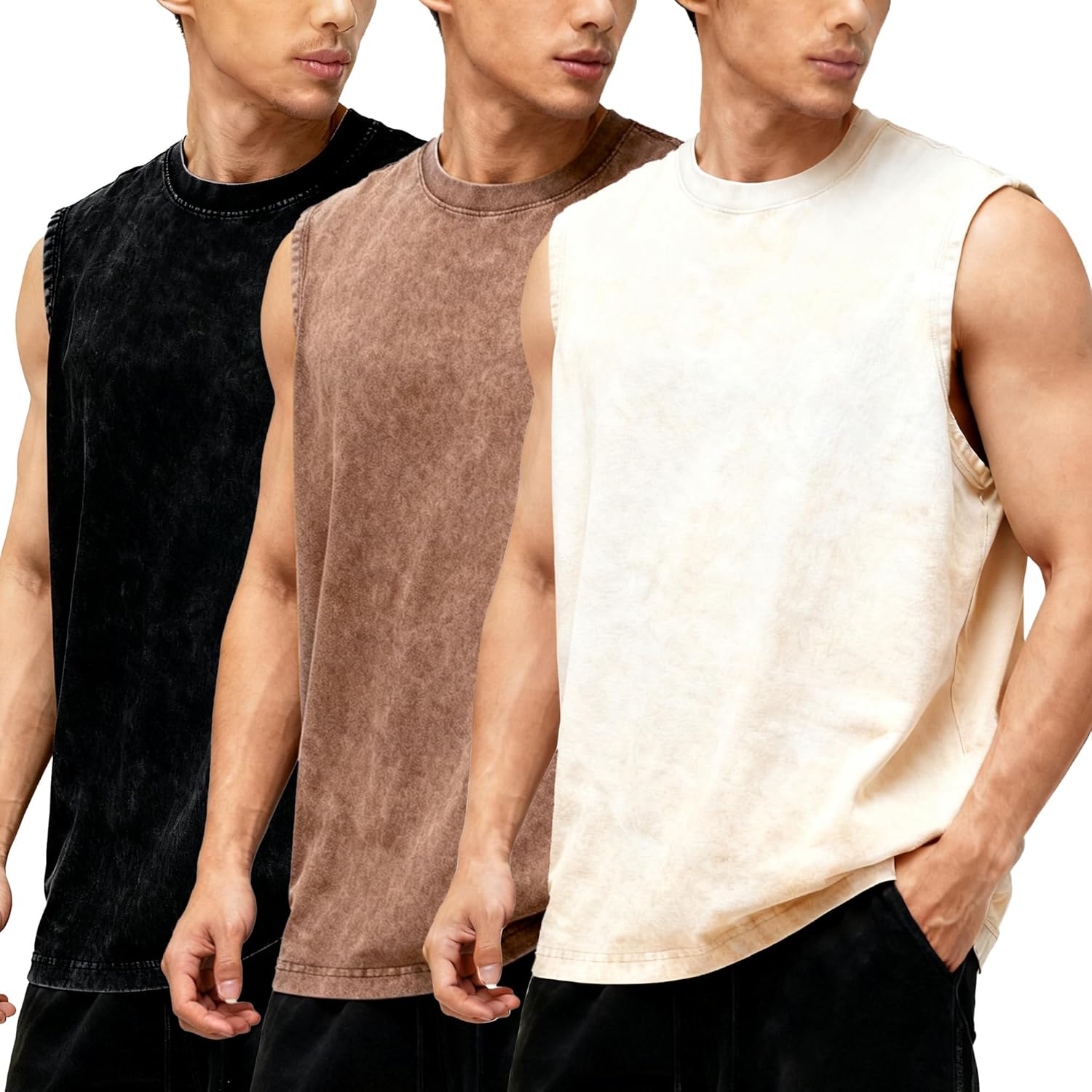 Men's 3-Pack Sleeveless Tank Tops Gym Muscle Acid Wash Workout Tees Cut Off Loose-Fit Athletic T-Shirts