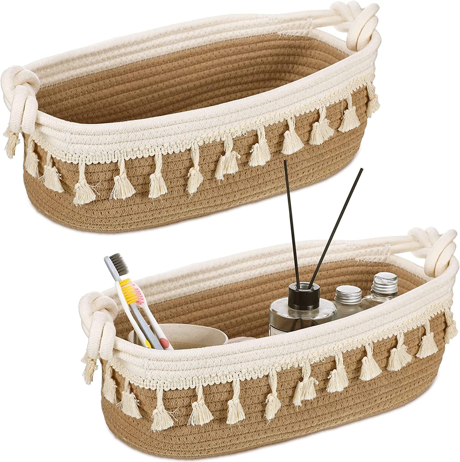 2PCS Cotton Rope Woven Storage Baskets Boho Decor Box Handmade Woven Decorative,Bedroom Nursery Livingroom Entryway Home Storage Cabinet（White with Grass Yellow）