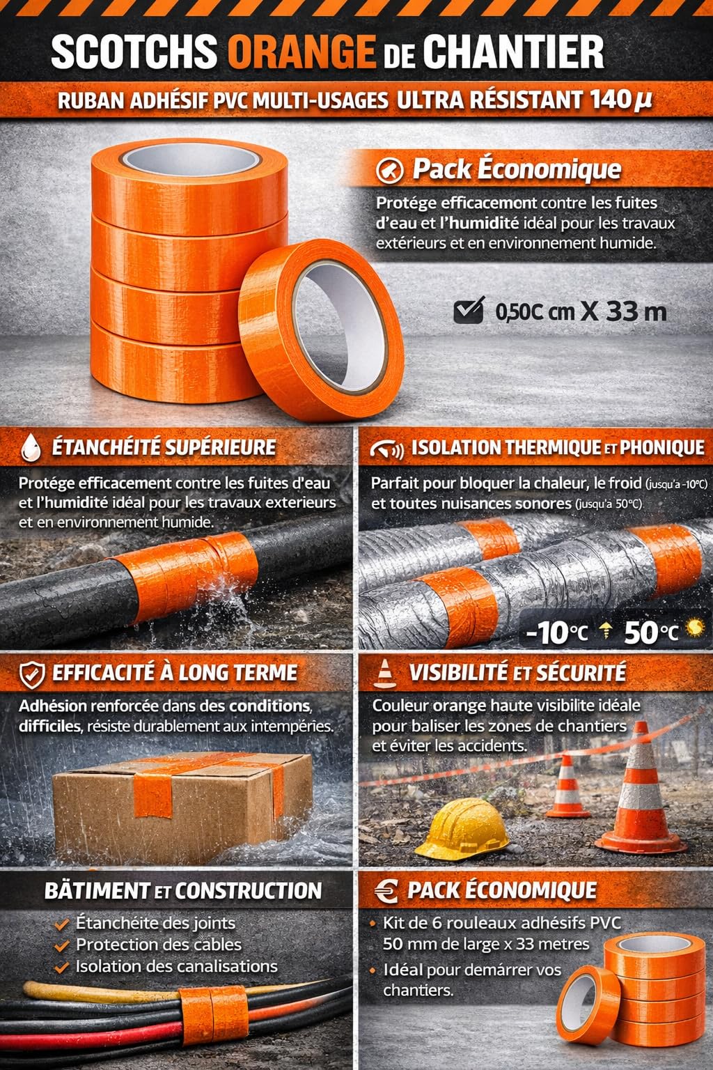 Scotchs Orange de Chantier (PVC) | 6 Rouleaux Ruban Adhésif (0,50 cm X 33 m) | Travaux et Chantiers | Toutes Surfaces | Bricolage - Etanchéité - Isolement - Protection | Ultra résistant 140 µ