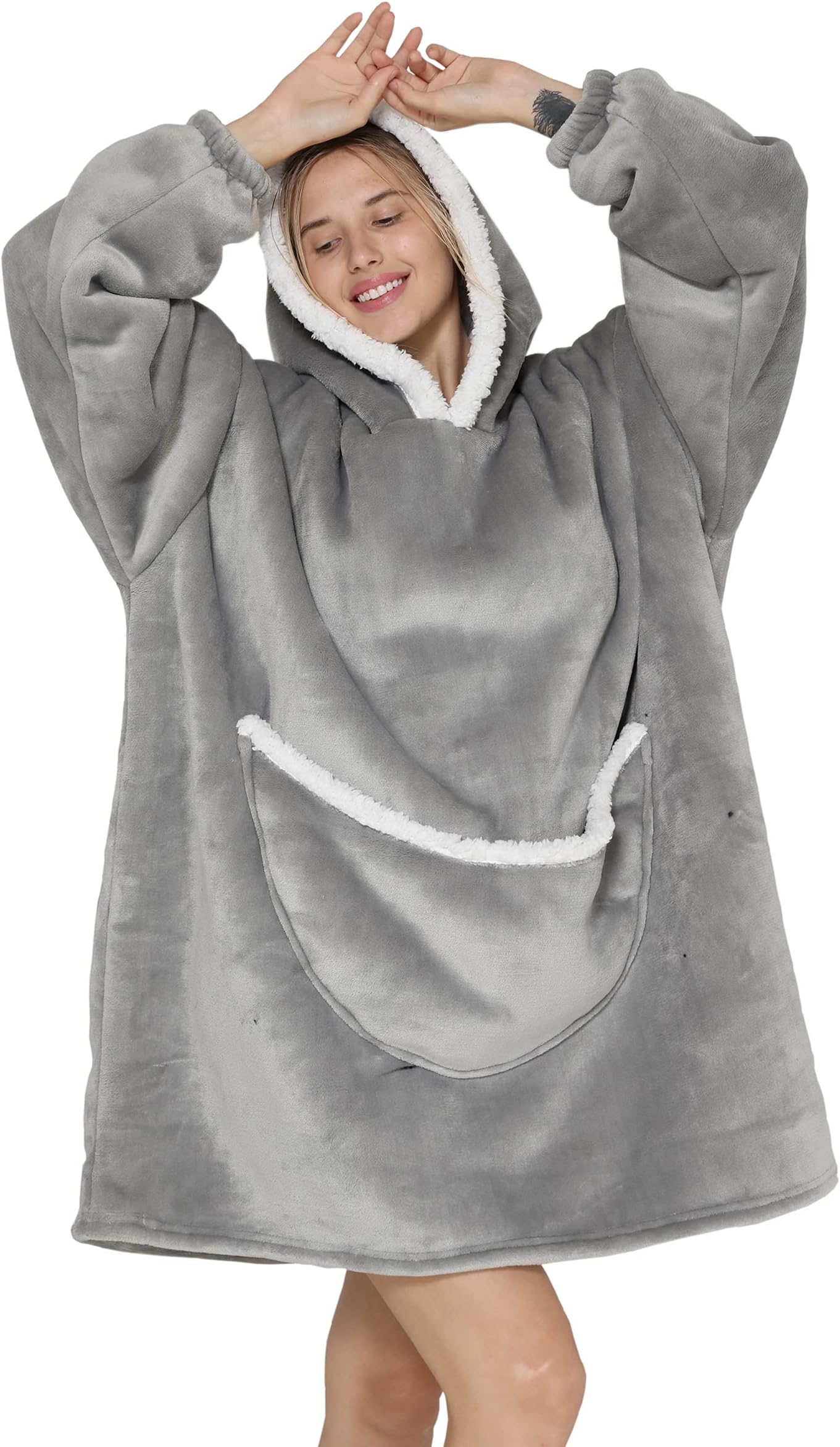 SZCMSMOversized Hoodie Blanket Sweatshirt,Wearable Blanket for Adult Women Men Soft Warm Comfortable Sherpa TV-Blanket,Silver Grey