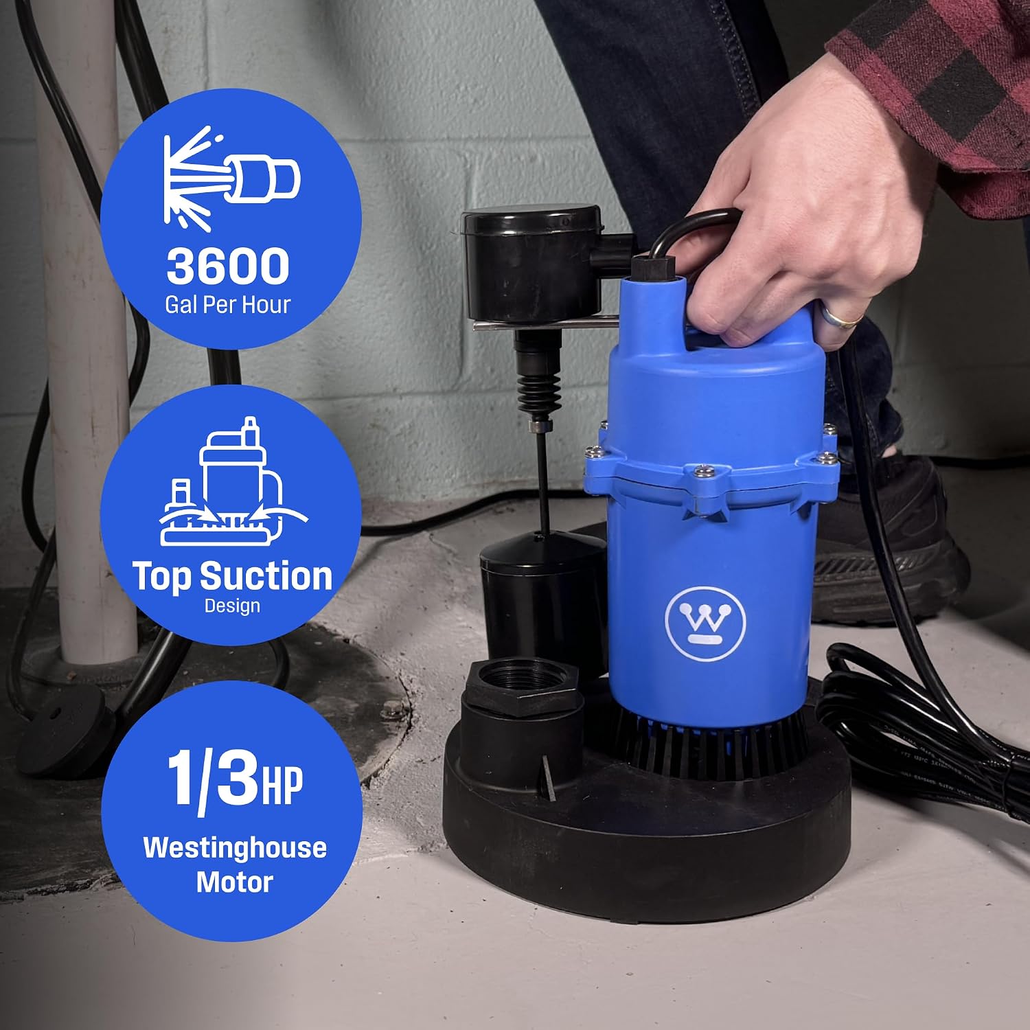Westinghouse Sump Pump 1/3 HP 60 GPM Submersible Water Pump Automatic Vertical Float Switch Heavy Duty Basement Crawl Space Flood Removal Pump High Flow Water Drainage