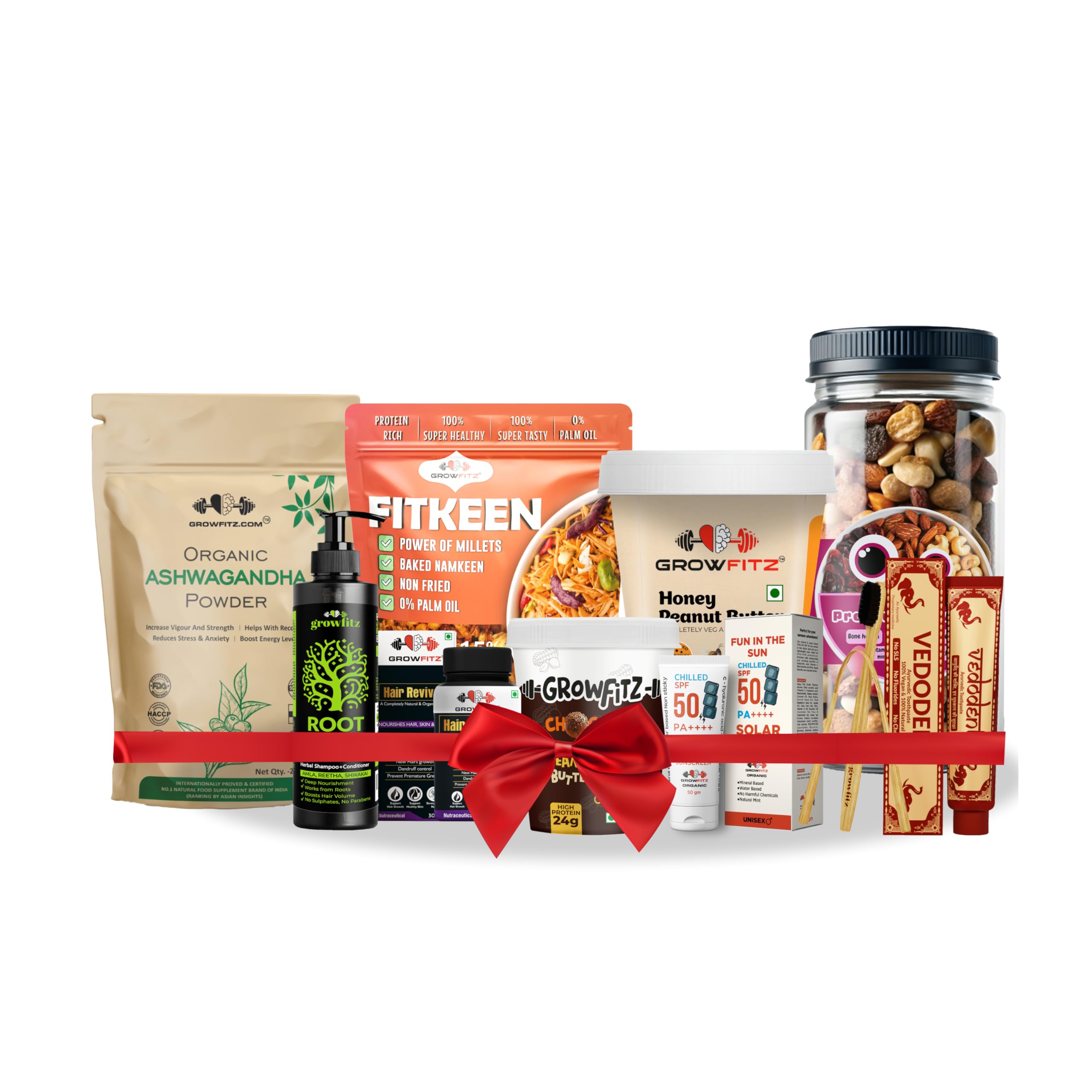 GROWFITZ Festive Gift Hamper | Pack of 9 Pieces, Peanut Butter, Dry Fruits, Fitkeen, Ashwagandha, Hair Care, Sunscreen & Herbal Treats | Healthy Family Wellness Gift for Diwali, Anniversary