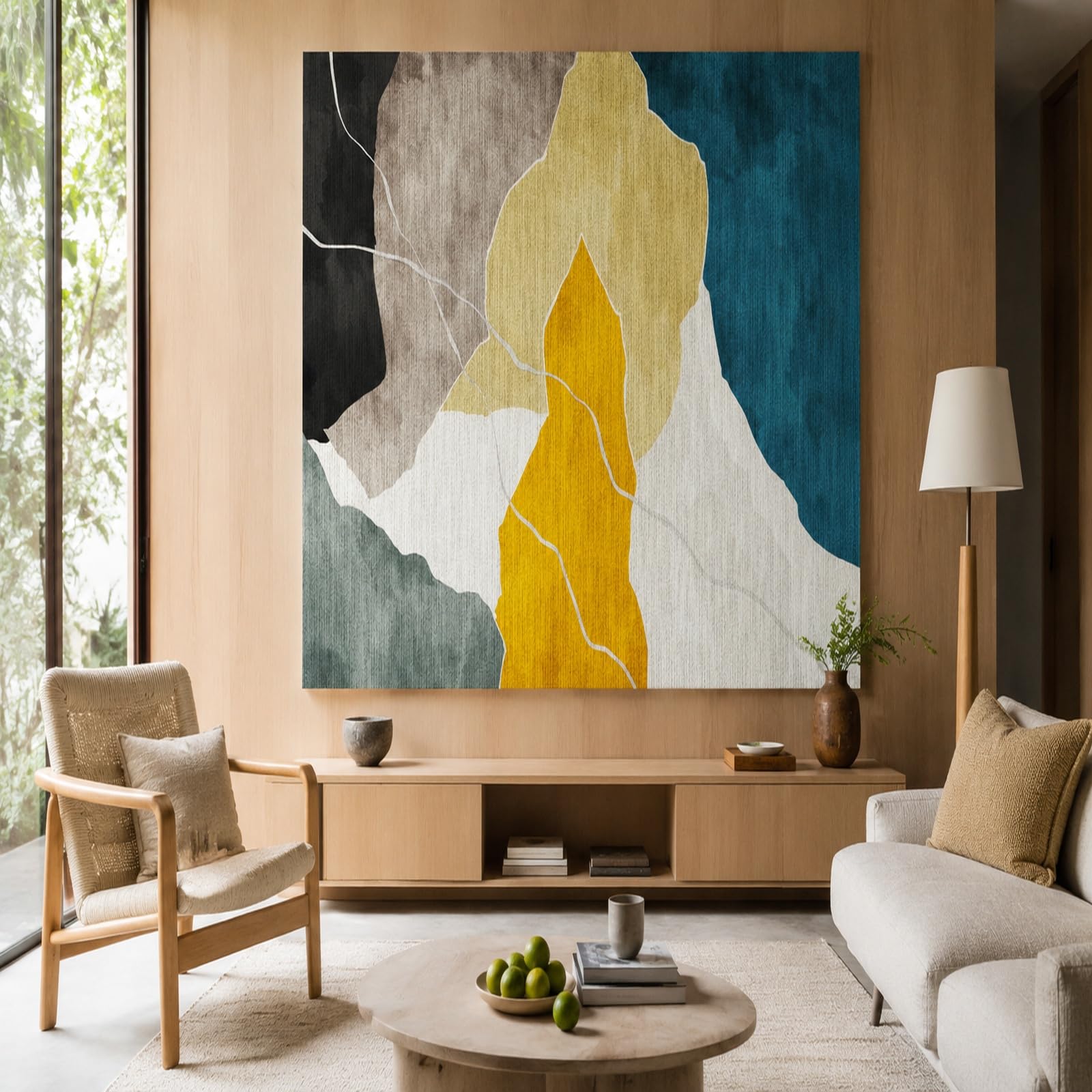 Gobeliny bardzo duże 180 x 230 cm, niestandardowy obraz logo tekst spersonalizowany gobelin wiszący na ścianie, abstrakcyjny, nowoczesny, żółty, niebieski, szary, czarny, biały,