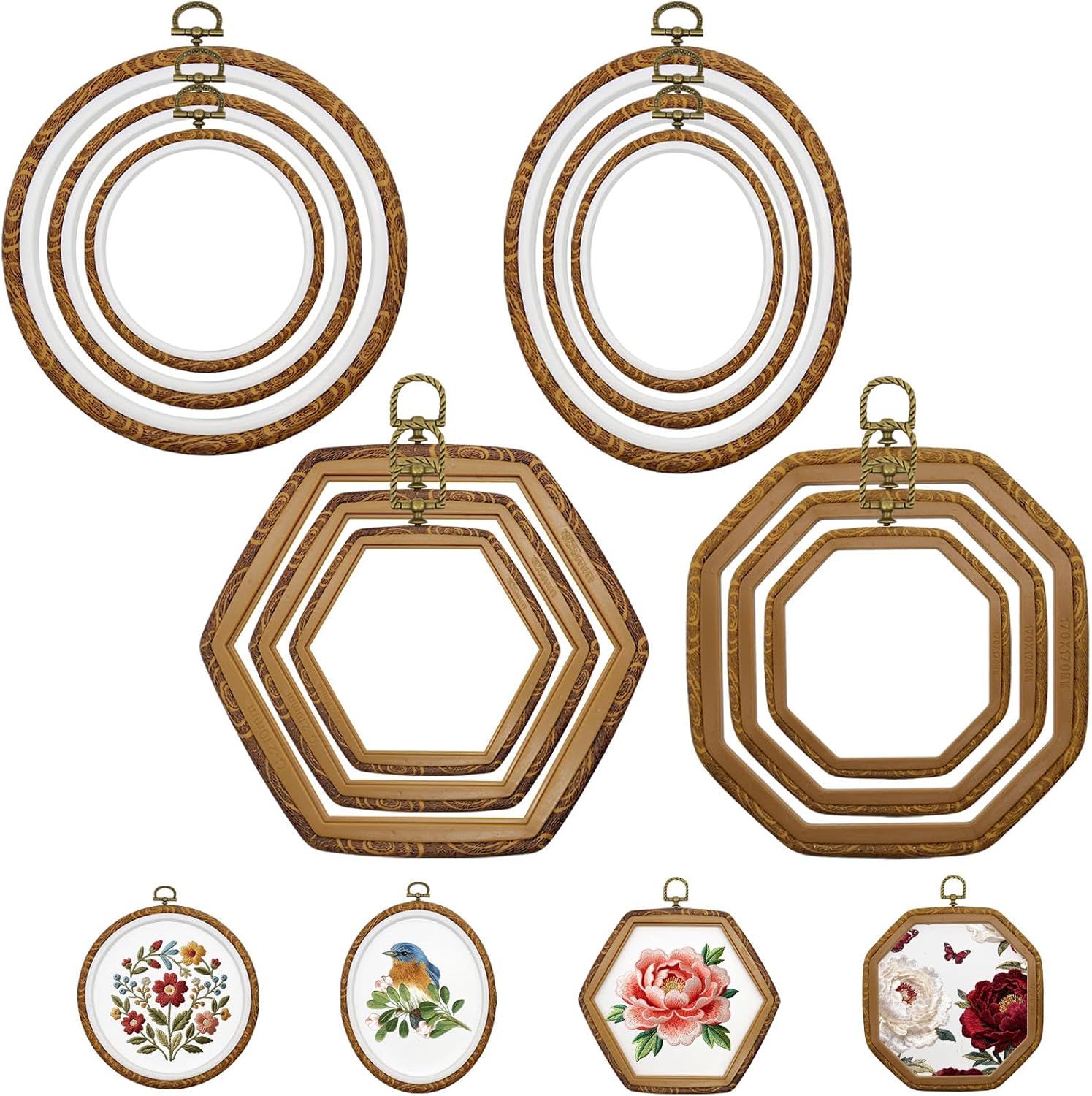 12Pcs Embroidery Hoop Frame, 12 Sizes Imitated Wood Cross Stitch Hoop, Round Oval Octagonal Embroidery Hoop for Cross Stitch, DIY Sewing Craft, Hanging Ornaments Decor, 5 Shape
