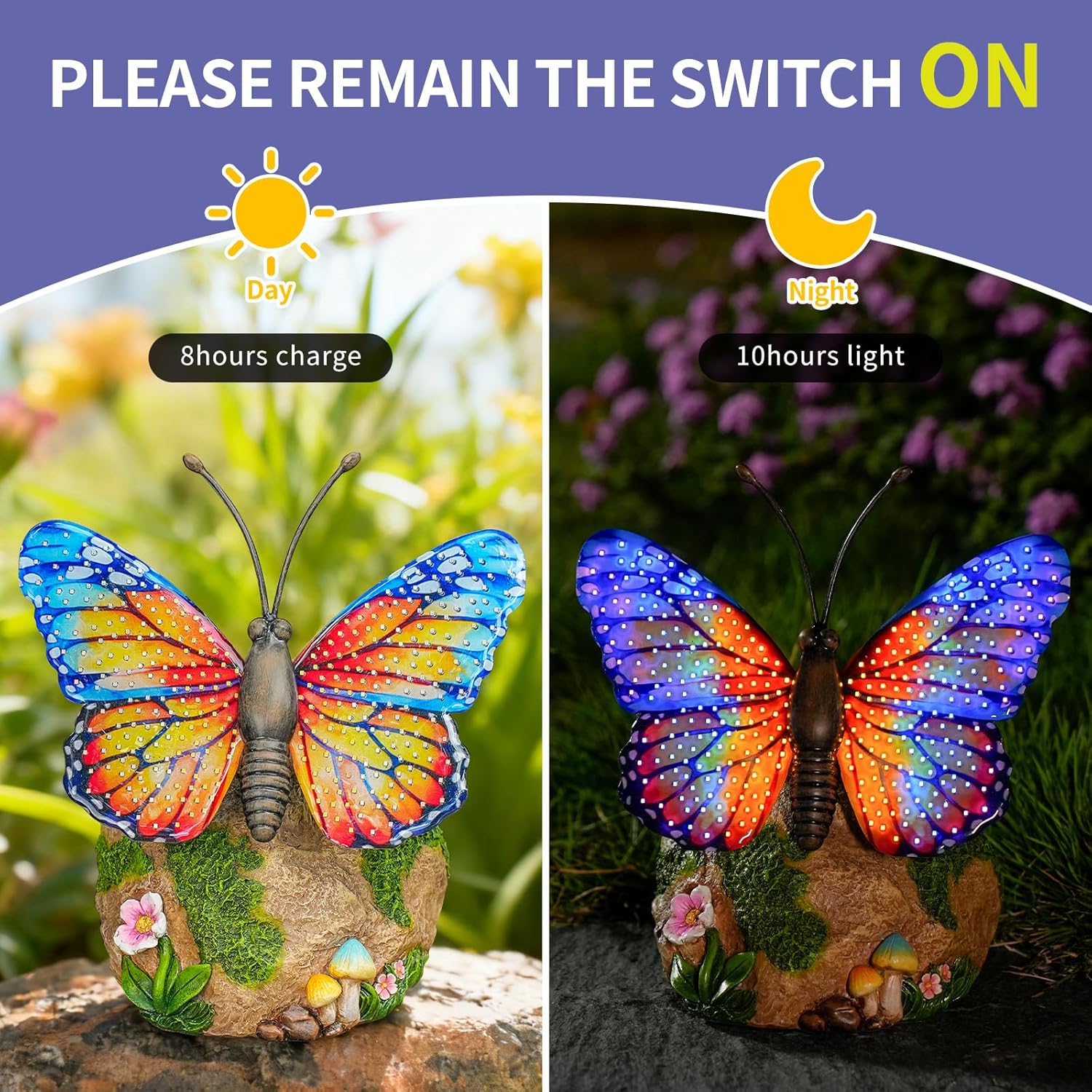 WSgift Solar Butterfly Garden Statue Weatherproof Outdoor Hand-Painted Decor Butterfly Resin Figurine Orange
