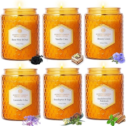 6 Pack Natural Soy Wax Jar Candles for Home Scented, Aromatherapy Gifts Sets for Women, 33 oz 240 Hour Long Lasting Candles Gifts for Birthday | Valentine's Day | Amber Candles|