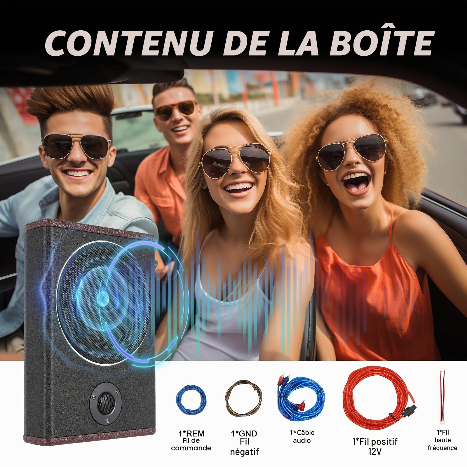 Caisson de basses actif pour voiture - 600 W - En bois et acier inoxydable robuste - Avec Bluetooth - Fréquence 40 Hz - 200 Hz - SNR 90 dB - Pour système audio d'autoradio