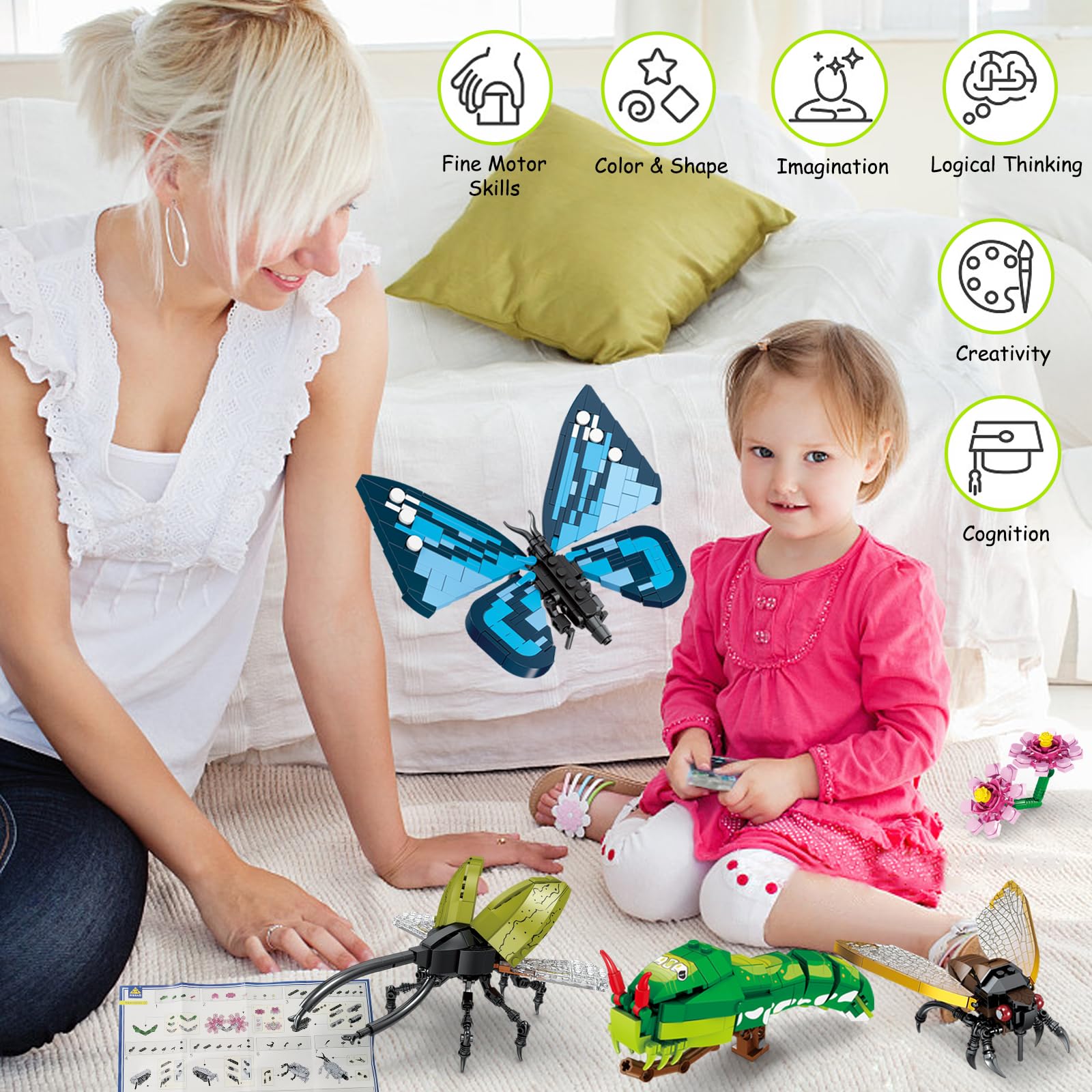 KAZI Insects Collection,Bug Toys Building Sets Including 4 Insect and Bug for Kids,Butterfly,Beetle,Cicada,Caterpillar,Animal Figures Set Building Toy,Creative Toys Gift for 6+ Year Old Boys Girls