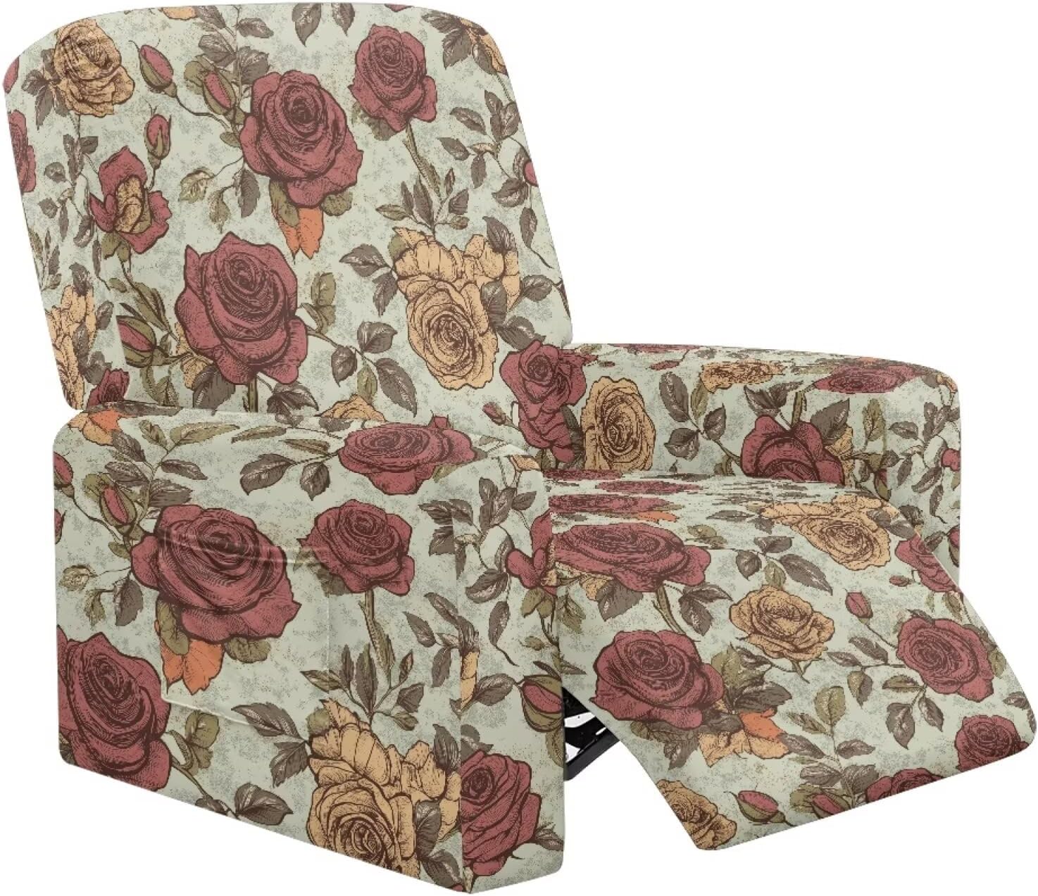 Retro Rose Flower Print Reclining Chair Slipcover Elastic Recliner Cover Fitted Sofa Couch Cover with Pocket Dustproof Furniture Protector for Armchair