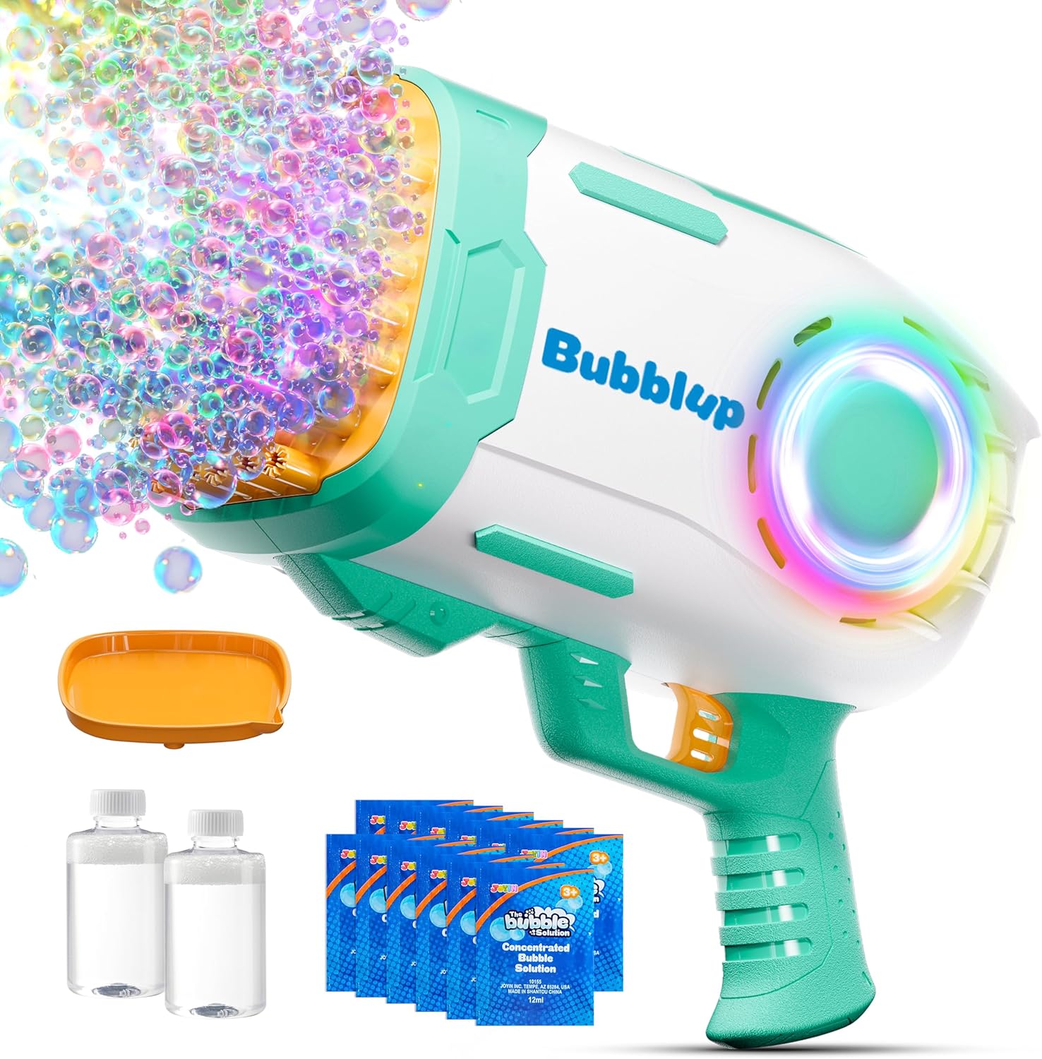 Play-Act 69 Holes Bubble Machine Guns Toys, Bazooka Rocket Shape Bubble Gun for Kids Adults, Colored Lights Blaster Blower with Solution Outdoor, Summer Toys, Party Favors, Wedding, Birthday, Easter