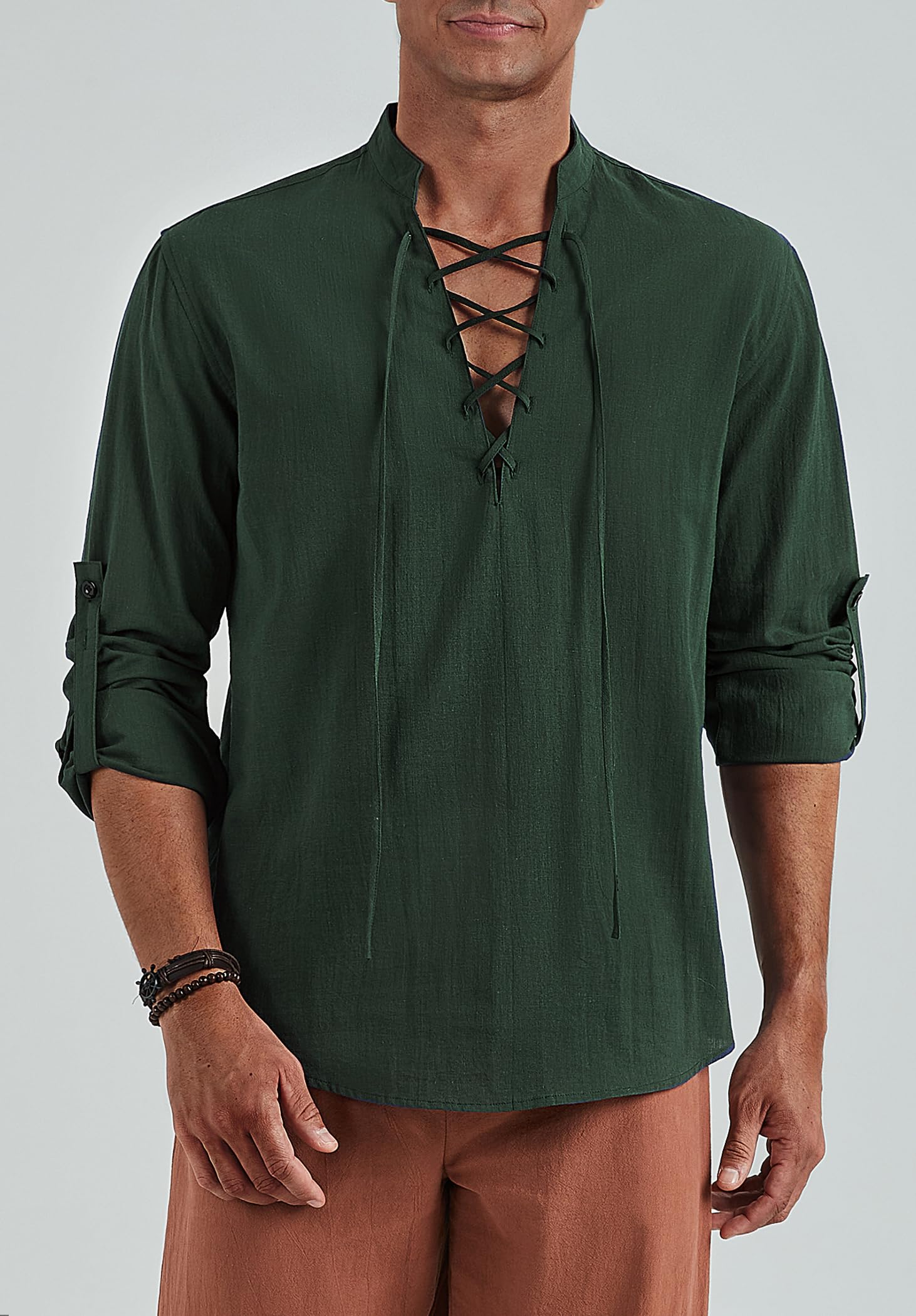 Enlision Camicia in Lino da Uomo Camicia Henley con Lacci retrò Punk Costume Medievale Rinascimentale Camicia Ghillie Scozzese Classica