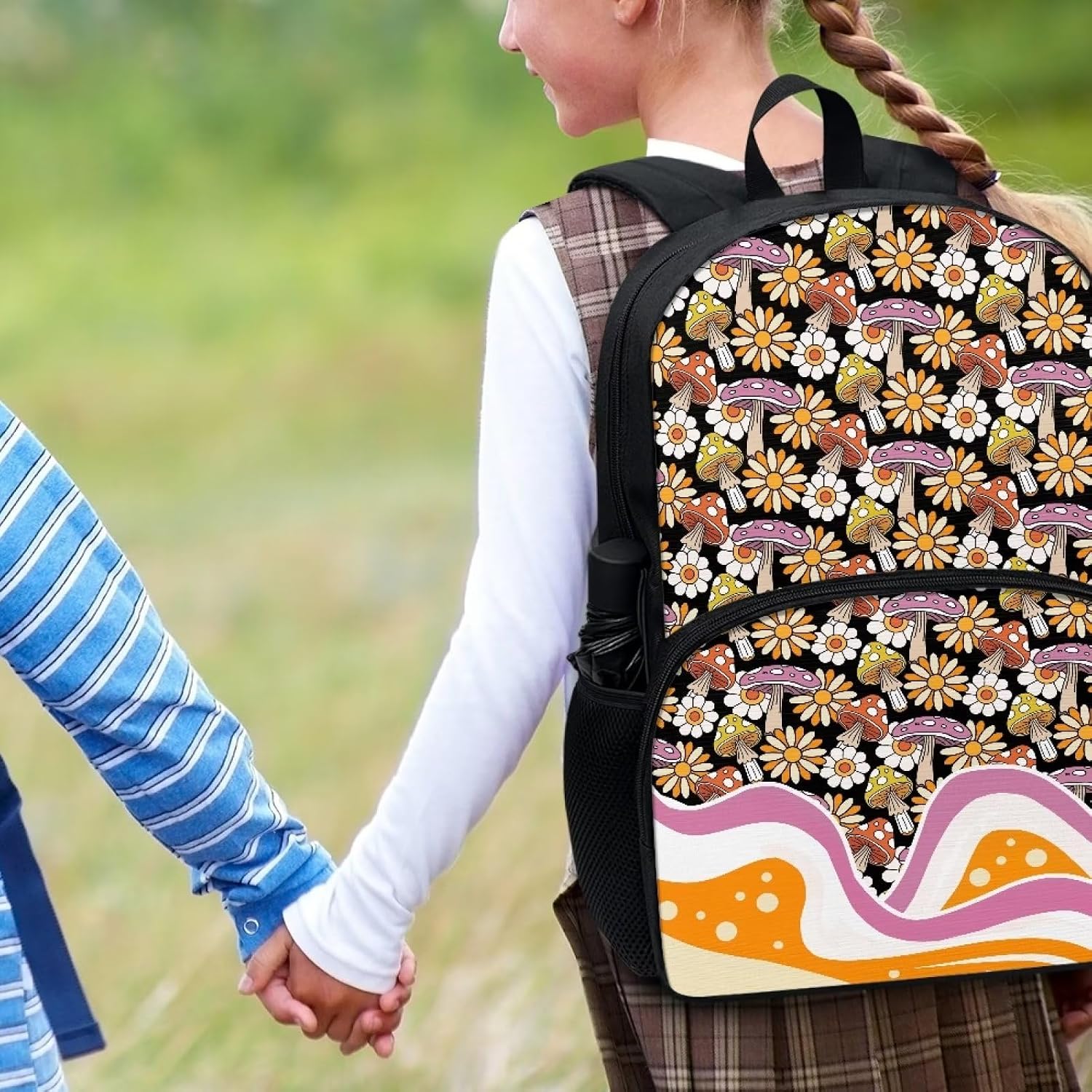 Girls Middle Elementary School Hippie Floral Daisy Mushroom Backpack for Kids Double Zipper Lightweight Padded Back Student Bookbag with Front Pocket 17" Large Capacity Orange Cute Backpack for Girls
