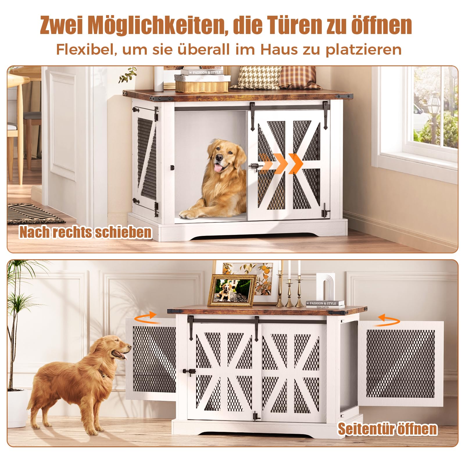Hundebox, Hundekäfig für Zuhause, XL-Größe, Geeignet für Mittelgroße und Große Hunde, Verstärkt, um Bisse und Flucht zu Verhindern, 3-Türiges Design, Hundehütte Holz Indoor, 100×63×70 cm, Weiß