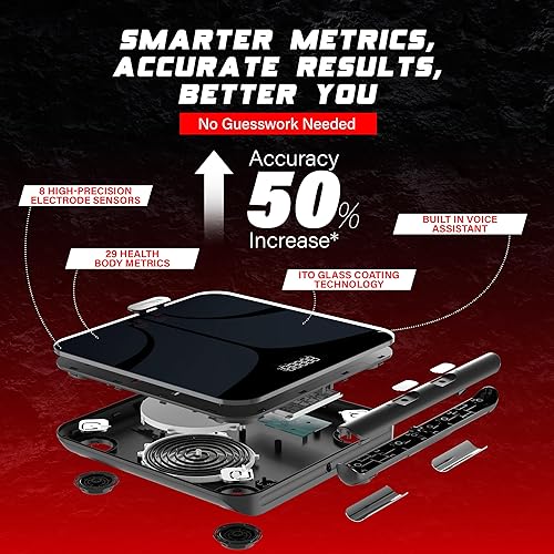 Miniatura 6 de Bisonbody Báscula corporal digital inteligente, 29 métricas de salud, para entusiastas del fitness avanzados, vidrio templado duradero, 8 sensores