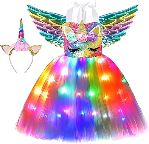 Soyoekbt Girls Unicorn Costume LED Light Up Unicorn Princess Tutu Dress for Birthday Party Halloween with Headband Wing