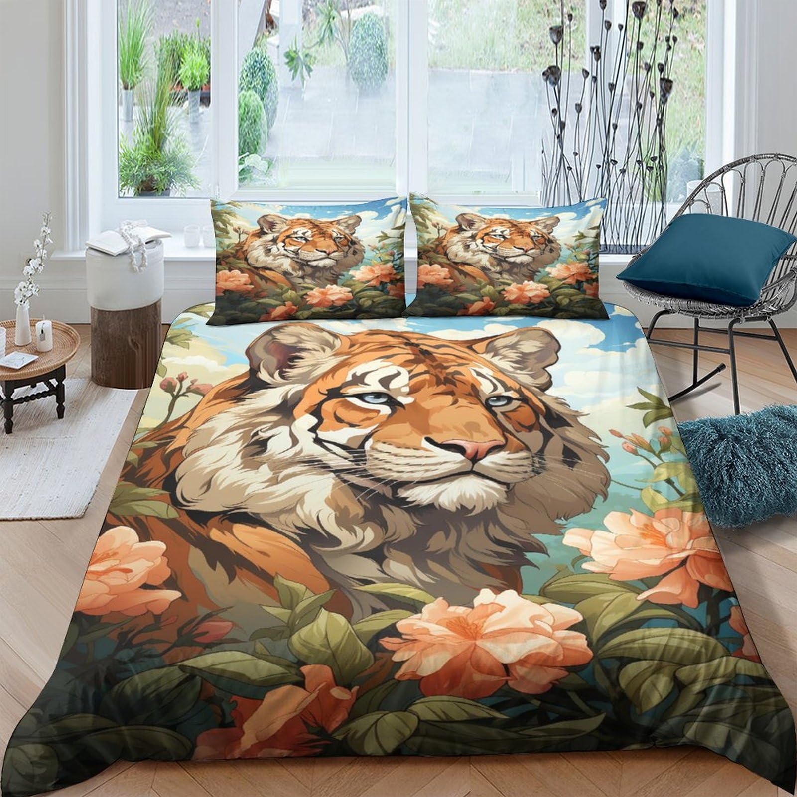 Housse de couette tigre 3D King 220x240 cm avec taies d'oreiller