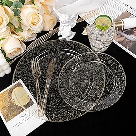 DaYammi 210PCS Gold Glitter Plastic Dinnerware Set for 30 Guests, Fancy Disposable Plates for Party, Include: 30 Dinner Plates, 30 Dessert Plates, 30 Pre Rolled Napkins with Gold Silverware, 30 Cups