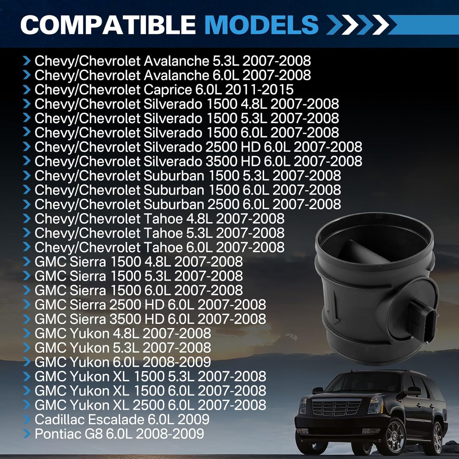 Mass Air Flow Sensor Meter MAF Compatible with 2007-2015 Chevy Chevrolet Avalanche Silverado Suburban 1500 2500 3500 Tahoe, GMC Sierra 1500 2500 Yukon, Cadillac Escalade Pontiac G8 15900024