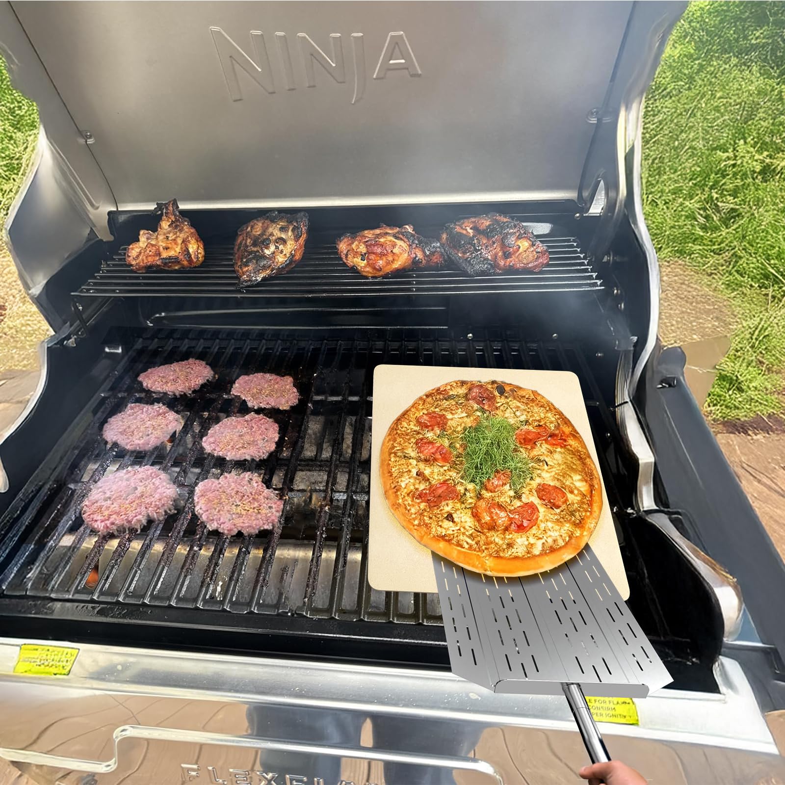 40,6 cm quadratischer Pizzastein für Ninja FlexFlame Grill und Ofen, Universal Großer Keramikstein mit Pizzaschieber & Kunststoffschaber für Ninja Flex Flame Zubehör, Kit zum Kochen von Brot, Calzones