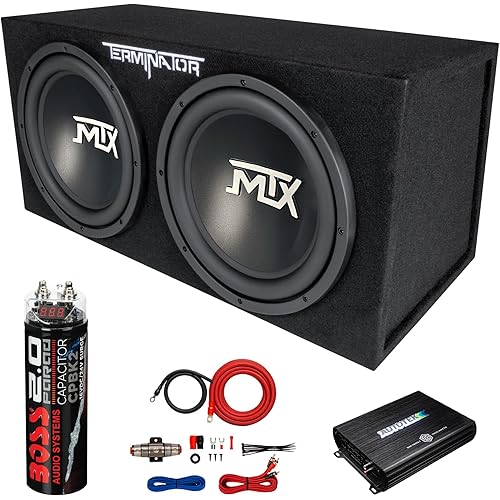 MTX 12 Inch 1200 Watt 4 Ohm Dual Loaded Car Audio Subwoofer Package with Sub Enclosure, 1200W Mono A/B Amplifier, Wiring Kit and Capacitor