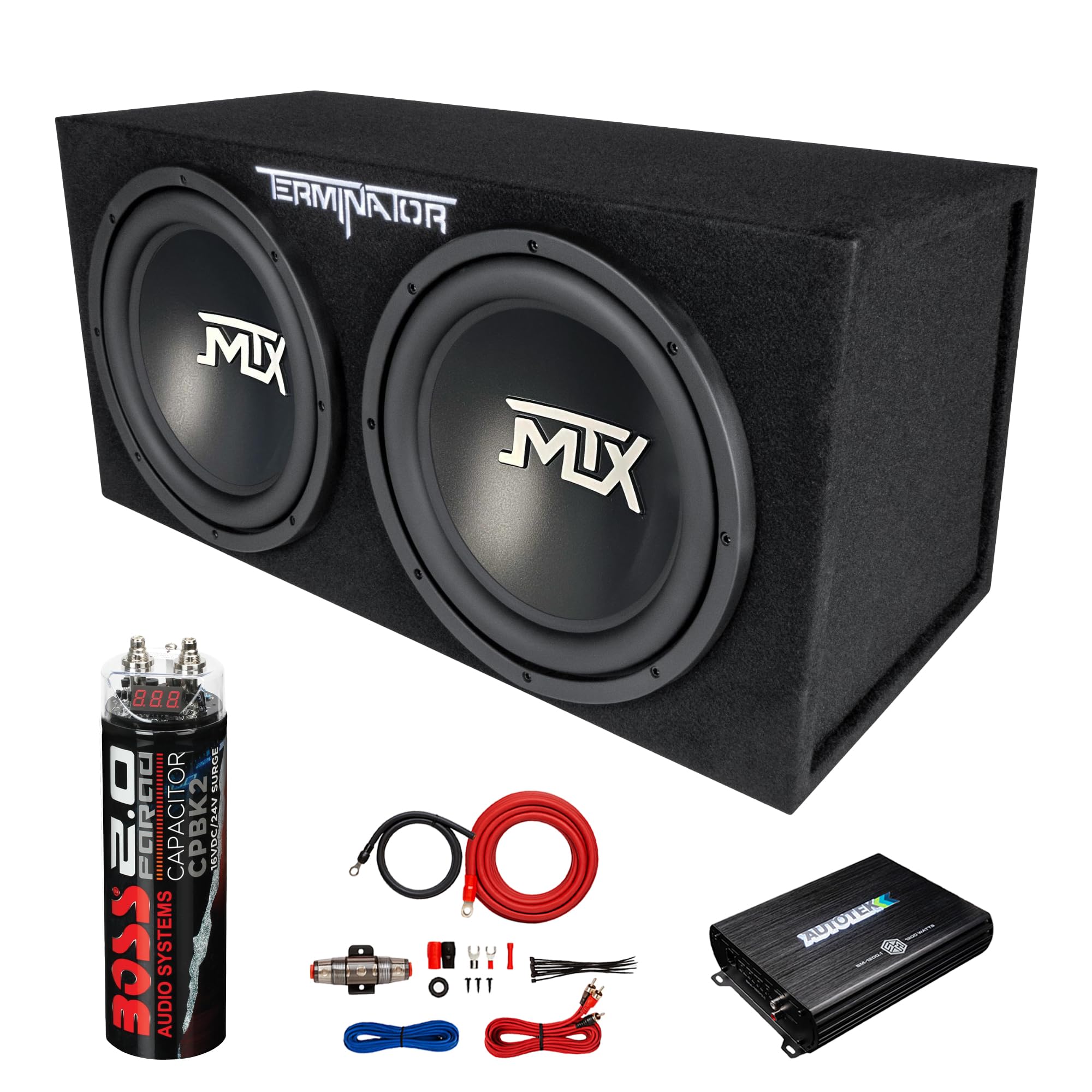 MTX 12 Inch 1200 Watt 4 Ohm Dual Loaded Car Audio Subwoofer Package with Sub Enclosure, 1200W Mono A/B Amplifier, Wiring Kit and Capacitor