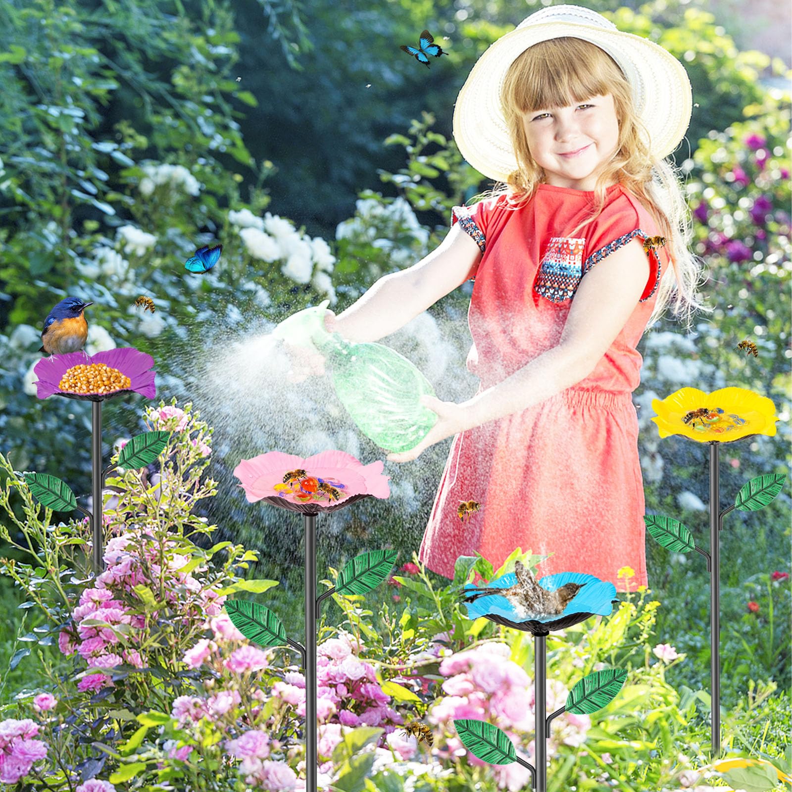 Bee Watering Station 4 Pack Metal Bee Drinking Cup For Garden Vivid Flower Shape Bee Water