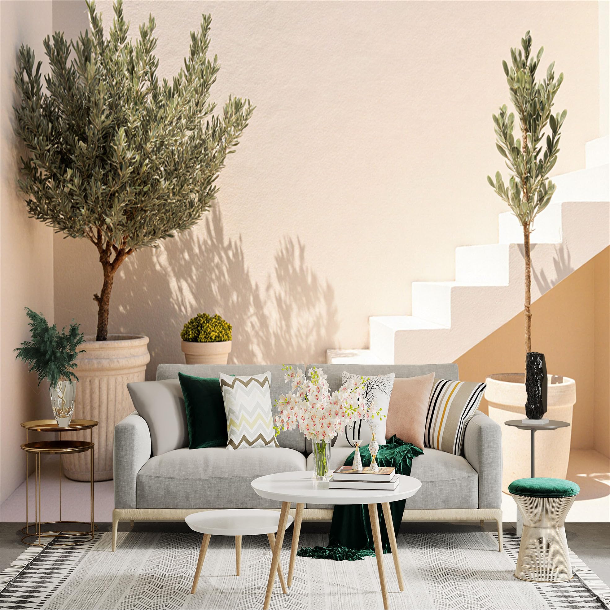 Custom Size Wall Sticker Mural， Mediterranean Minimalist Potted Trees， Beige Staircase Architecture， Modern Home Decor， for wall Decoration， peelandstick wall Decals.