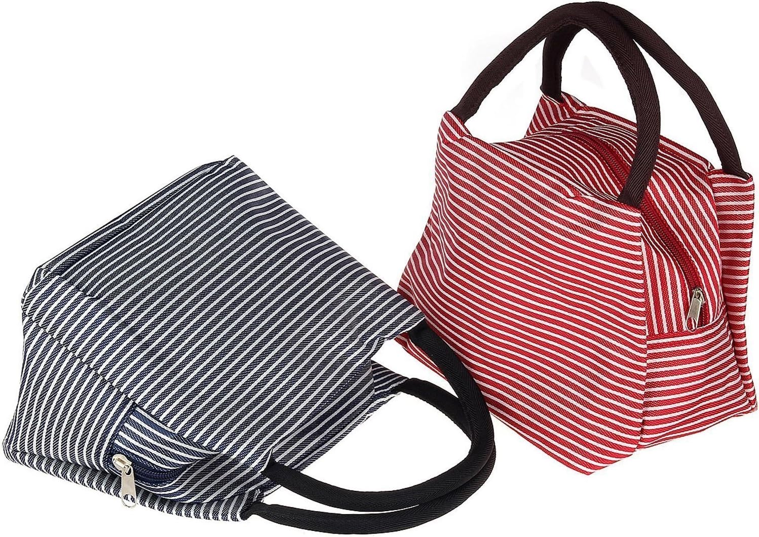 Lunch Bag, Pupow 2pcs Fashion Lunch Tote Bag Solid Useful Linen Cotton Stripe Lunch Bags Grocery Bags with Zipper (Red+Blue)