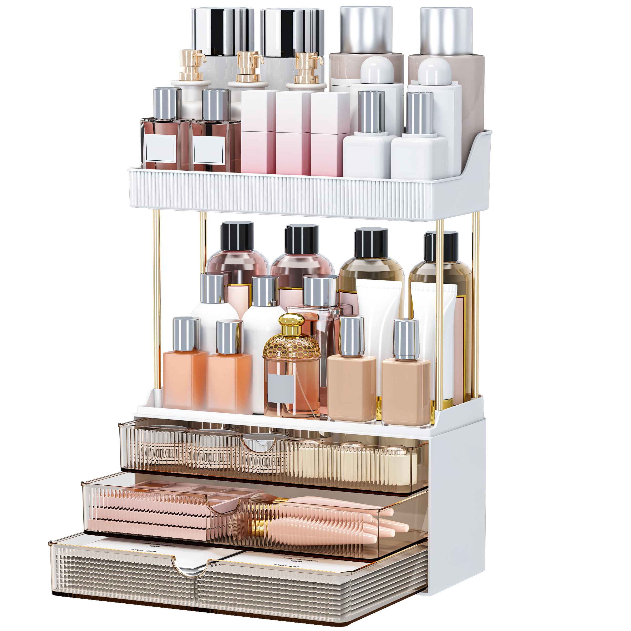 Storivo Makeup Organiser,3 Tier Drawer,Large Vanity Organiser, Cosmetics Organiser, Dressing Table Organiser, Large Vanity, Makeup Brushes,Skincare, Perfume, Amber