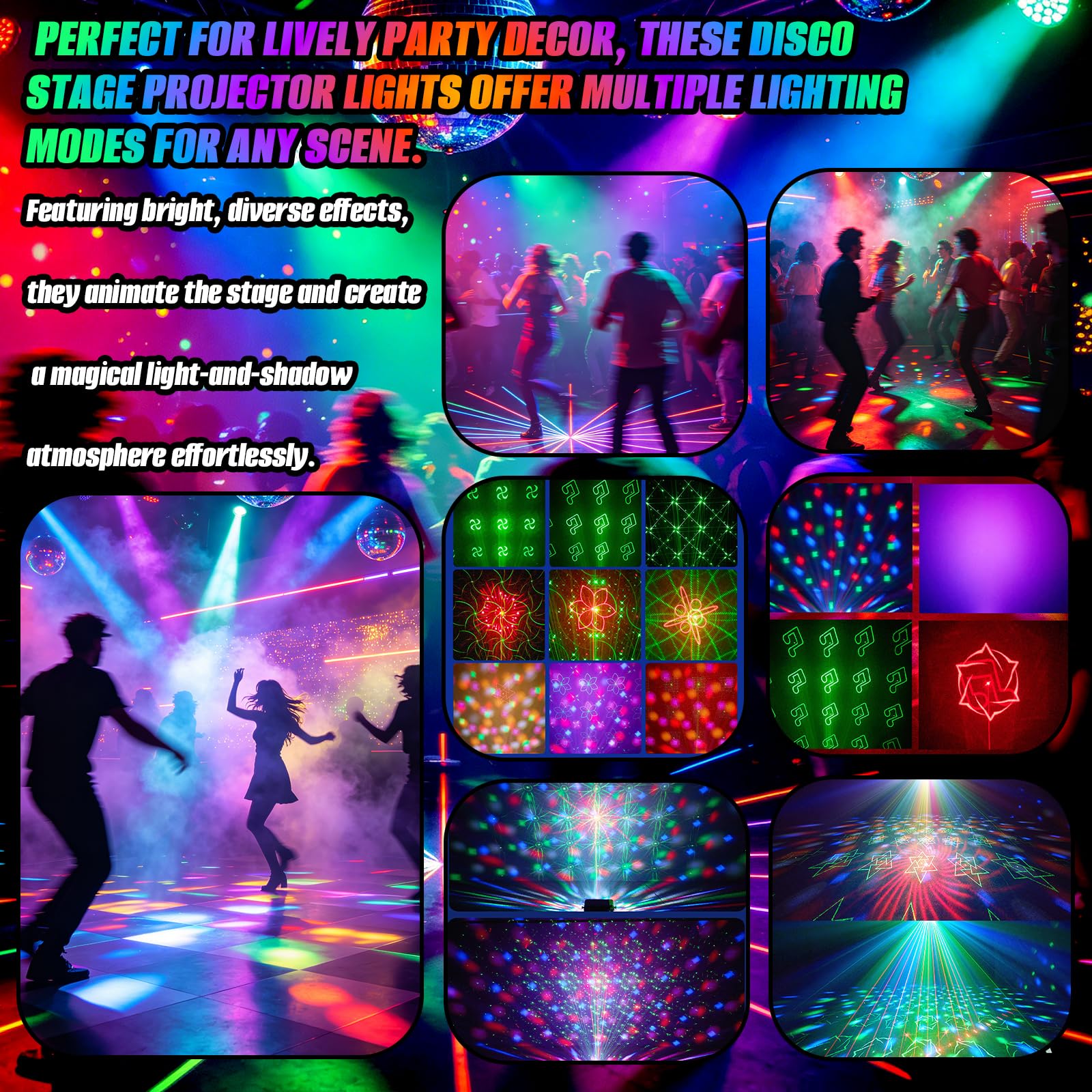 Boule disco 6 en 1 - Lumière stroboscopique DJ colorée - Activée par le son - Pour l'intérieur, les anniversaires, les raves, les soirées dansantes, les lumières de scène en plein air, les clubs à