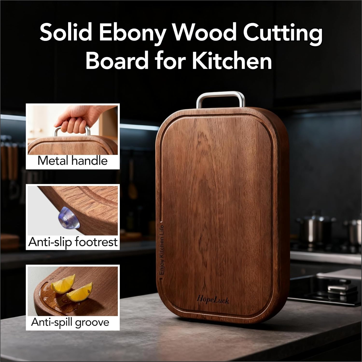 Wood Cutting Board, Solid Ebony Wooden Cutting Boards for Kitchen, Double-Sided Butcher Block with Juice Groove, Non-Slip Feet, 1" Thick Chopping Board for Meat and Vegetables (1, 14.5"×9.5")