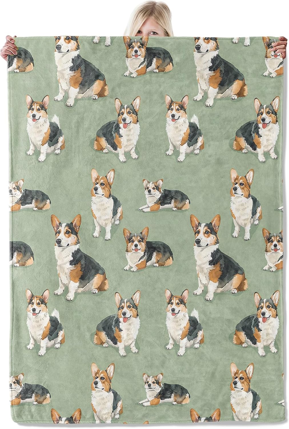 ICAAV Corgi Dog Lover Blanket 50×60 Inch,Realistic Hand Drawn Style Lightweight Flannel Throw on Green Background,Cartoon Puppy Animal Decor,Gifts for Kids, Teens,Pet Fans