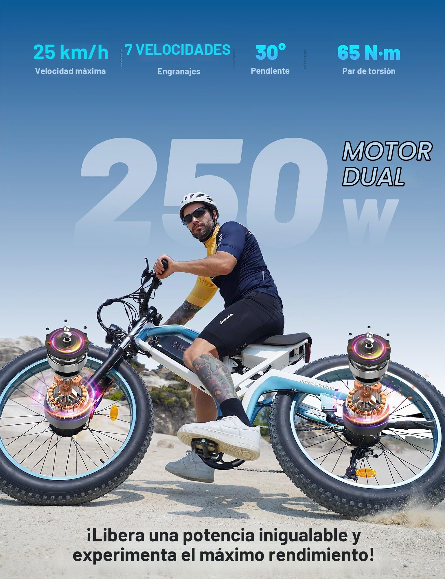 N26 Bicicleta Eléctrica de Montaña Doble Motor 250W, 26x4.0 Fat Ebike con Batería Extraíble 48V 20Ah, Autonomía 120km, Bici Electrica con 7 Velocidades & App Bluetooth Ideal para Todo Terreno