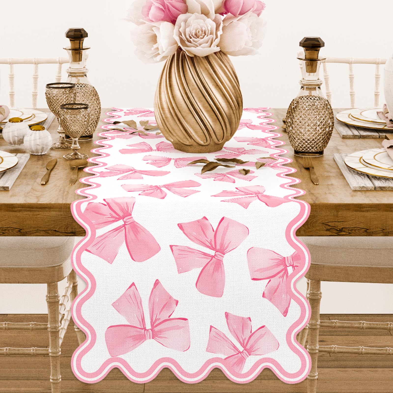 Pink Bow Table Runner Bowknot Scalloped Kitchen Dining Table Cover Coquette Bow Decoration for Indoor Outdoor Home Party Supplies, 13 x 90 Inch