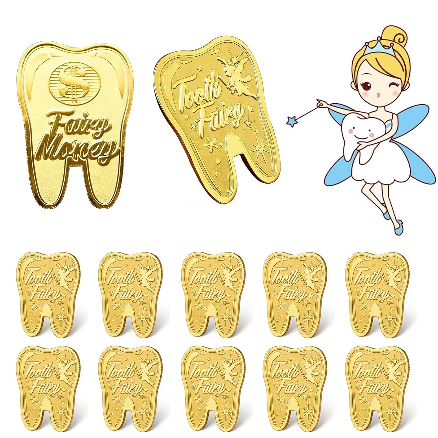 Tooth Fairy Coins, 10PCS Lost Teeth Reward Commemorative Coin Dental Tooth Fairy Golden Plated Metal Coin Kids Teeth Change Souvenir Christmas Dentistry Dentist Gifts for Lost Tooth Kids