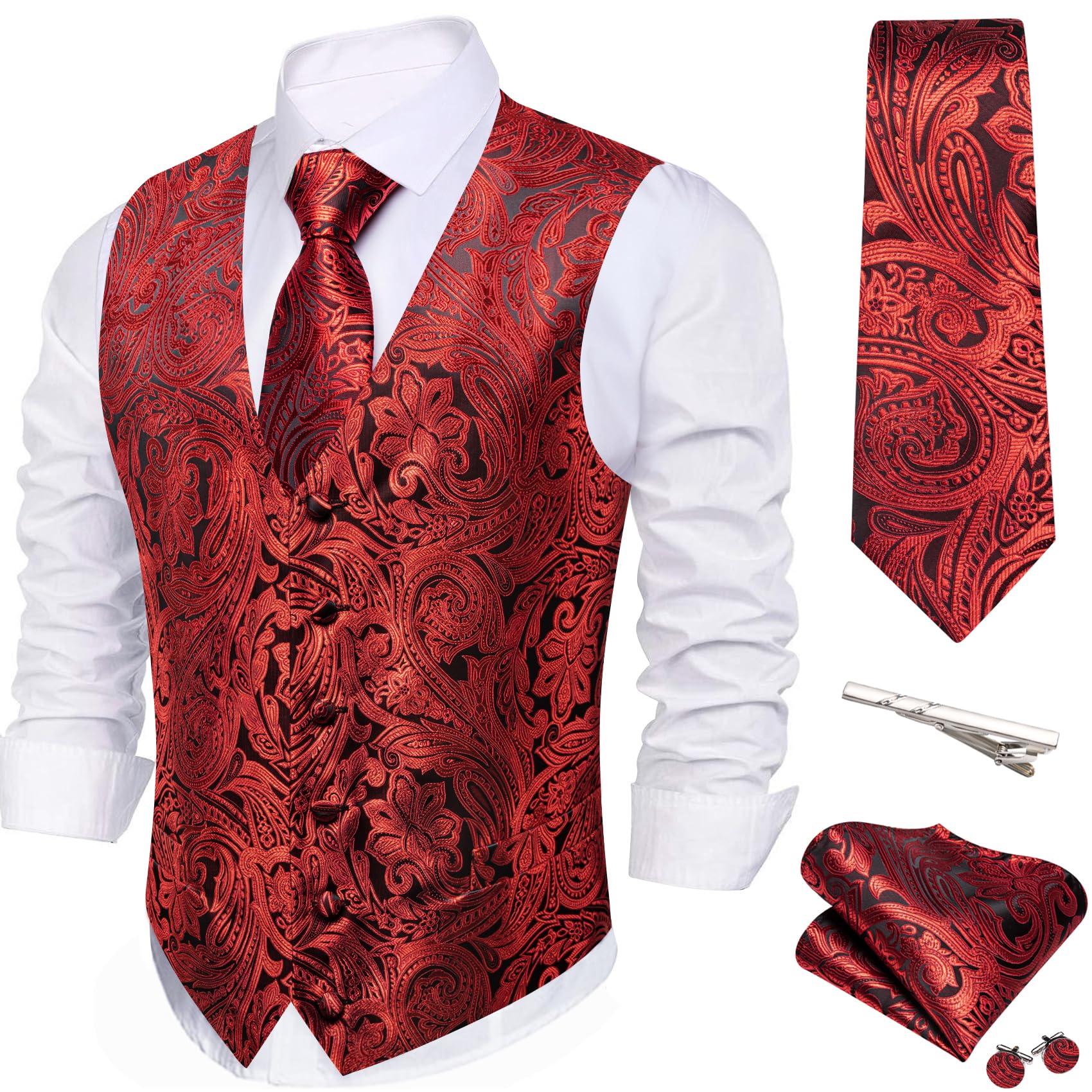 Barry.Wang Men's Suit Vest Formal/Casual Paisley Silk Tie Vests 5PCS