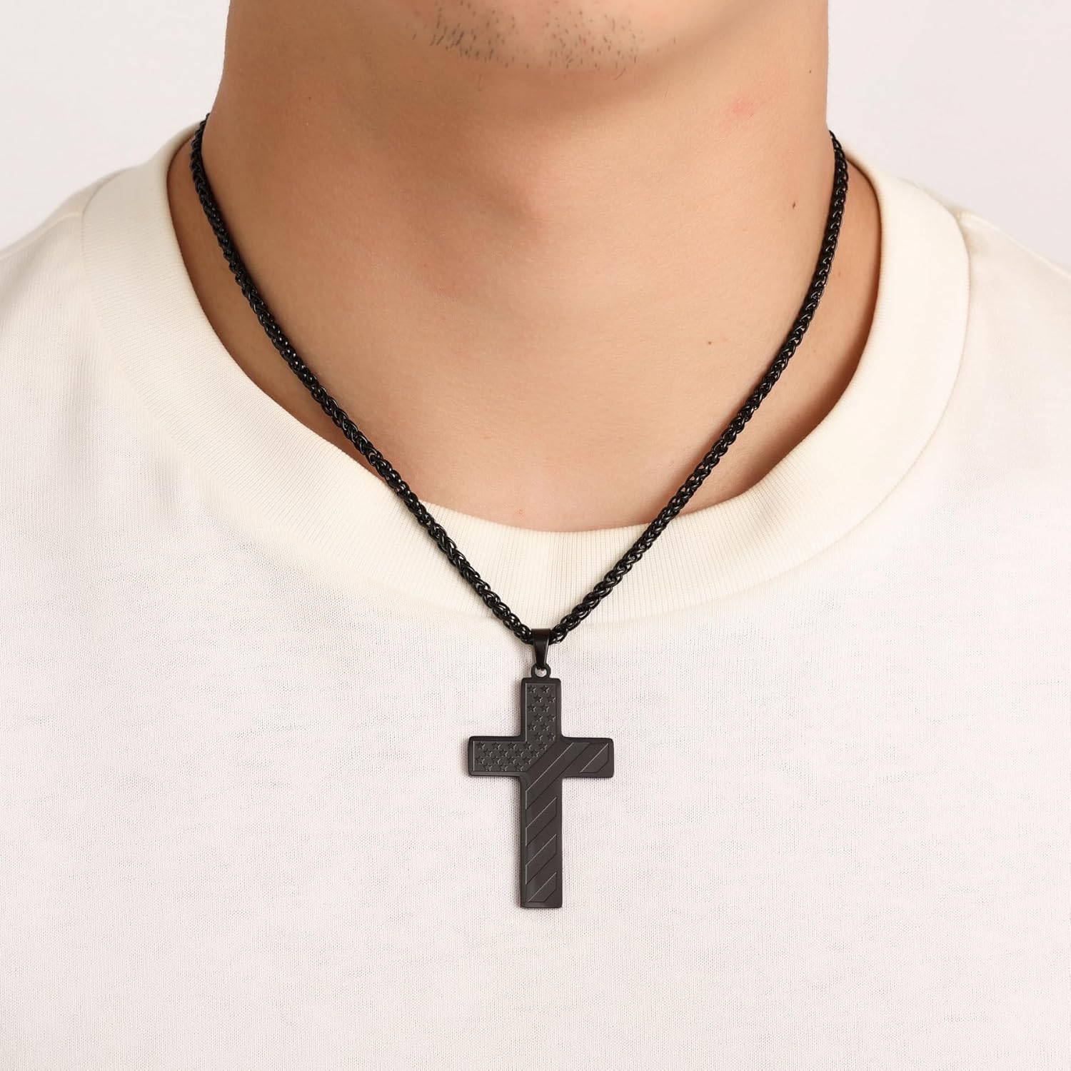 MeMeDIY 18+2 Inch Cross Necklace American Flag Cross Necklace for Men Stainless Steel Inspirational Bible Verse Cross Pendant Gold/Silver/Black Cross Chain Patriotic Jewelry - Image 2