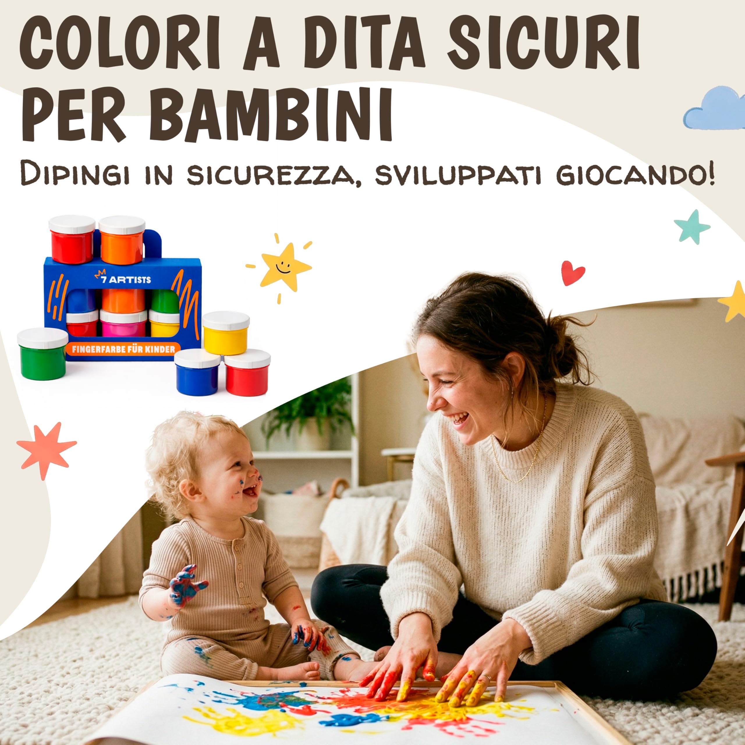Colori a Dita per Bambini Atossici Lavabili 6x60ml – Set Pittura Bambina da 1 Anno | Pittura Dita, Mani, Piedi | Colori per Impronte Neonati | Tempere Lavabili per Bambini Multi Superficie