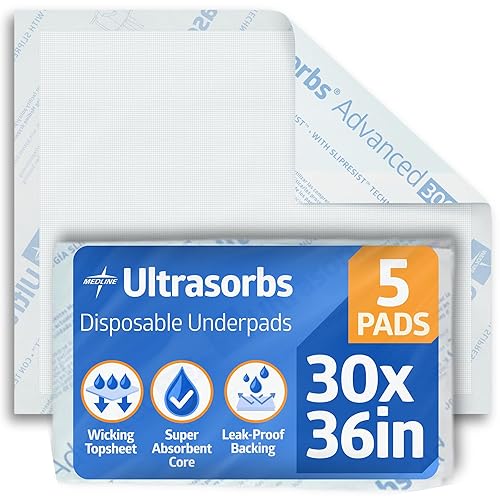 Medline Ultrasorbs - Almohadillas de secado con tecnología SlipResist, 30 x 36 pulgadas, 5 unidades, almohadillas de cama desechables