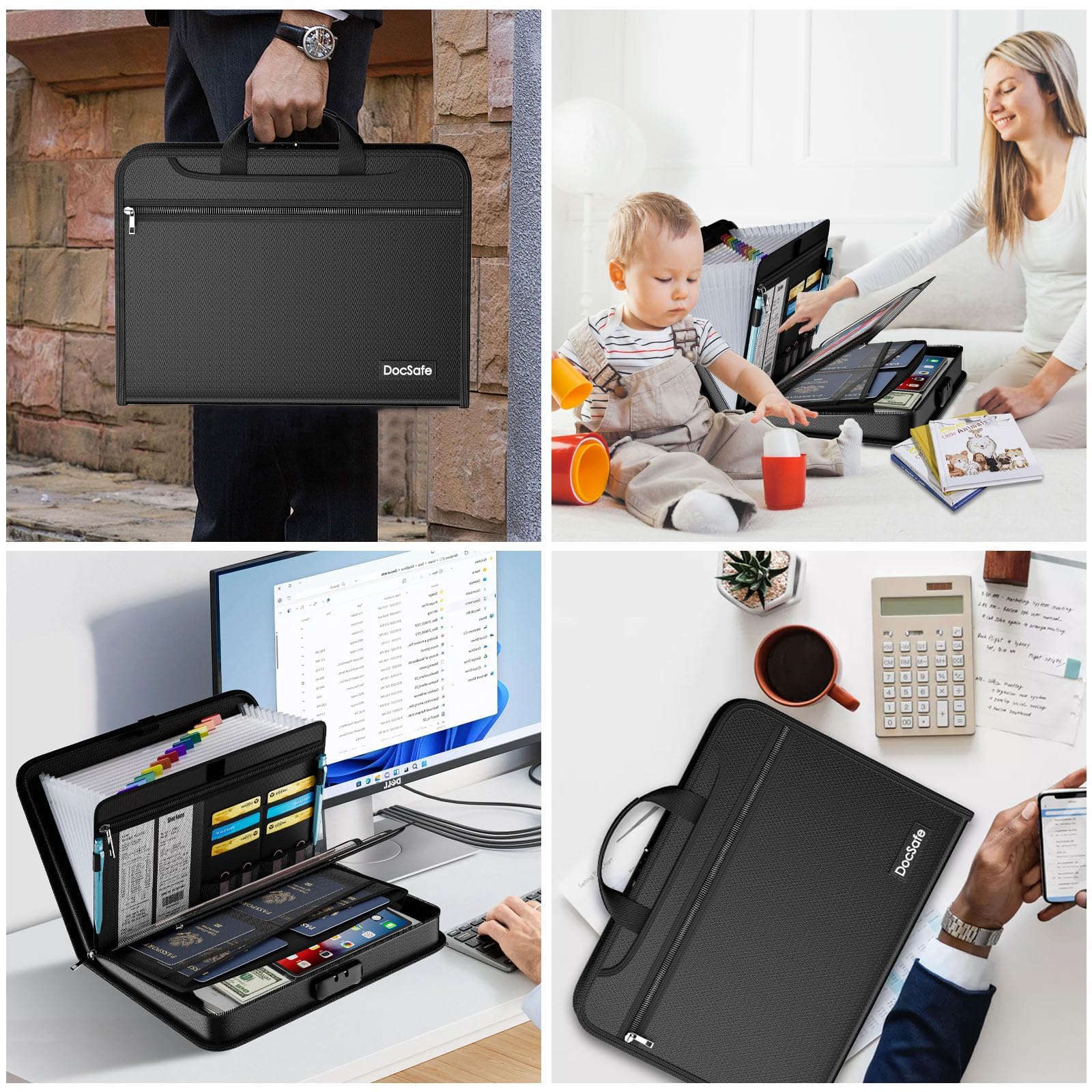 Organizador de documentos ignífugo con cremallera y cerradura, carpeta de archivos expandible de 13 bolsillos, carpeta A4, soporte para documentos con asa, organizador de archivos para documentos de