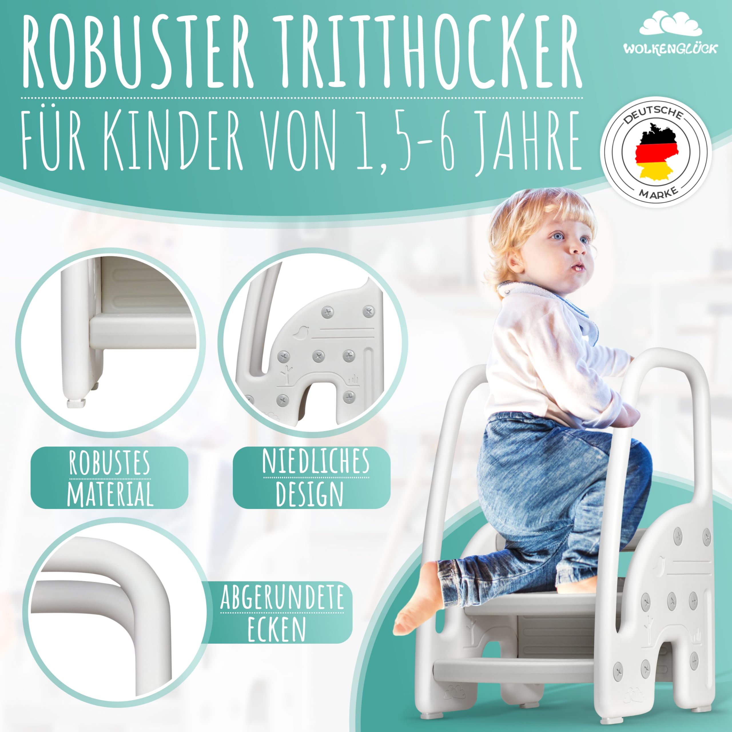 WOLKENGLÜCK® Taburete infantil (3 niveles) – Taburete antideslizante para niños de 1,5 a 6 años (soporta hasta 70 kg) – Escalera infantil para baño, lavabo, cocina o inodoro – Taburete infantil