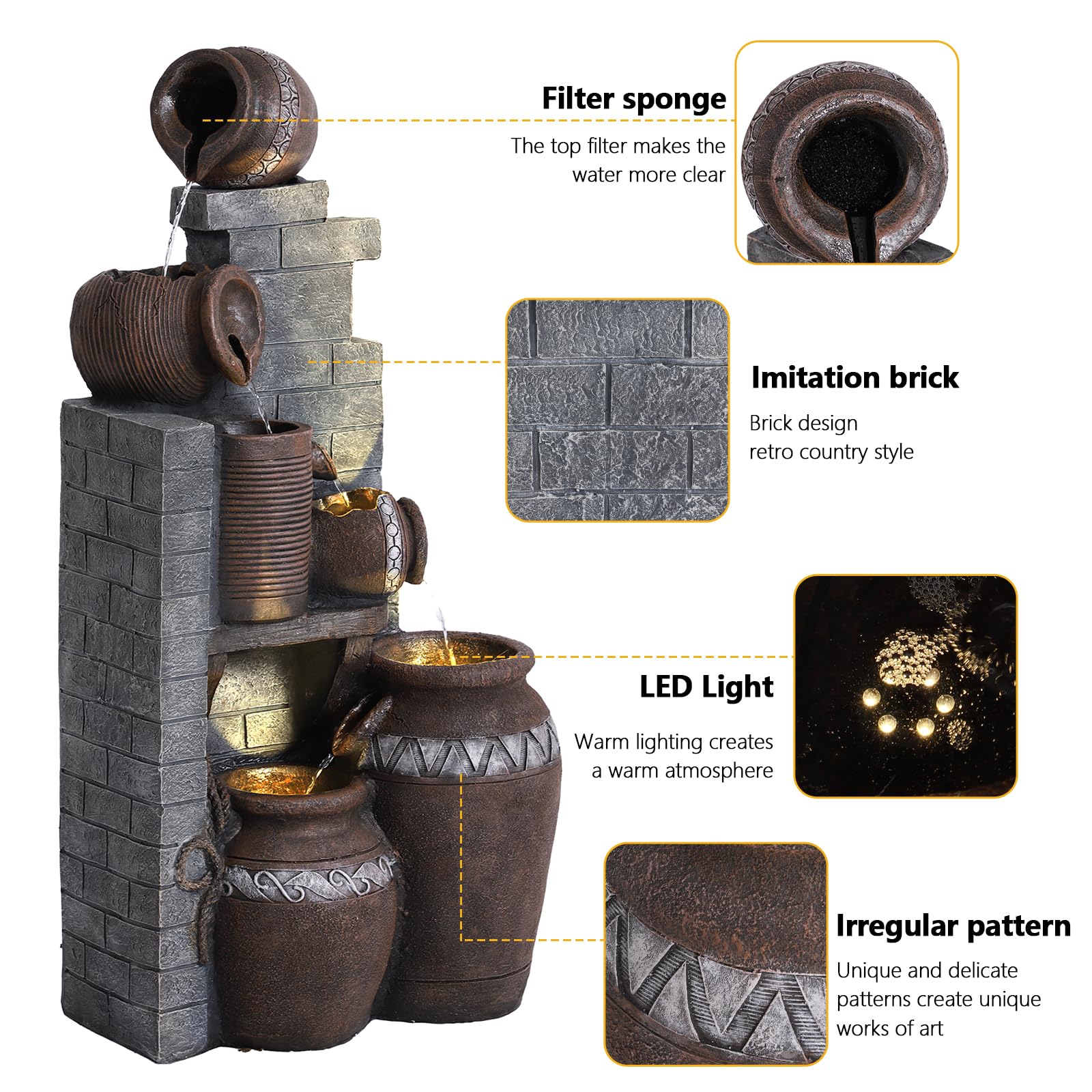 USSerenaY 5-Tiers Garden Fountains Outdoor W/LED Light Modern Waterfall Floor-Standing Cascading Water Feature for Patio Deck, Porch, Yard Decor (Grey)